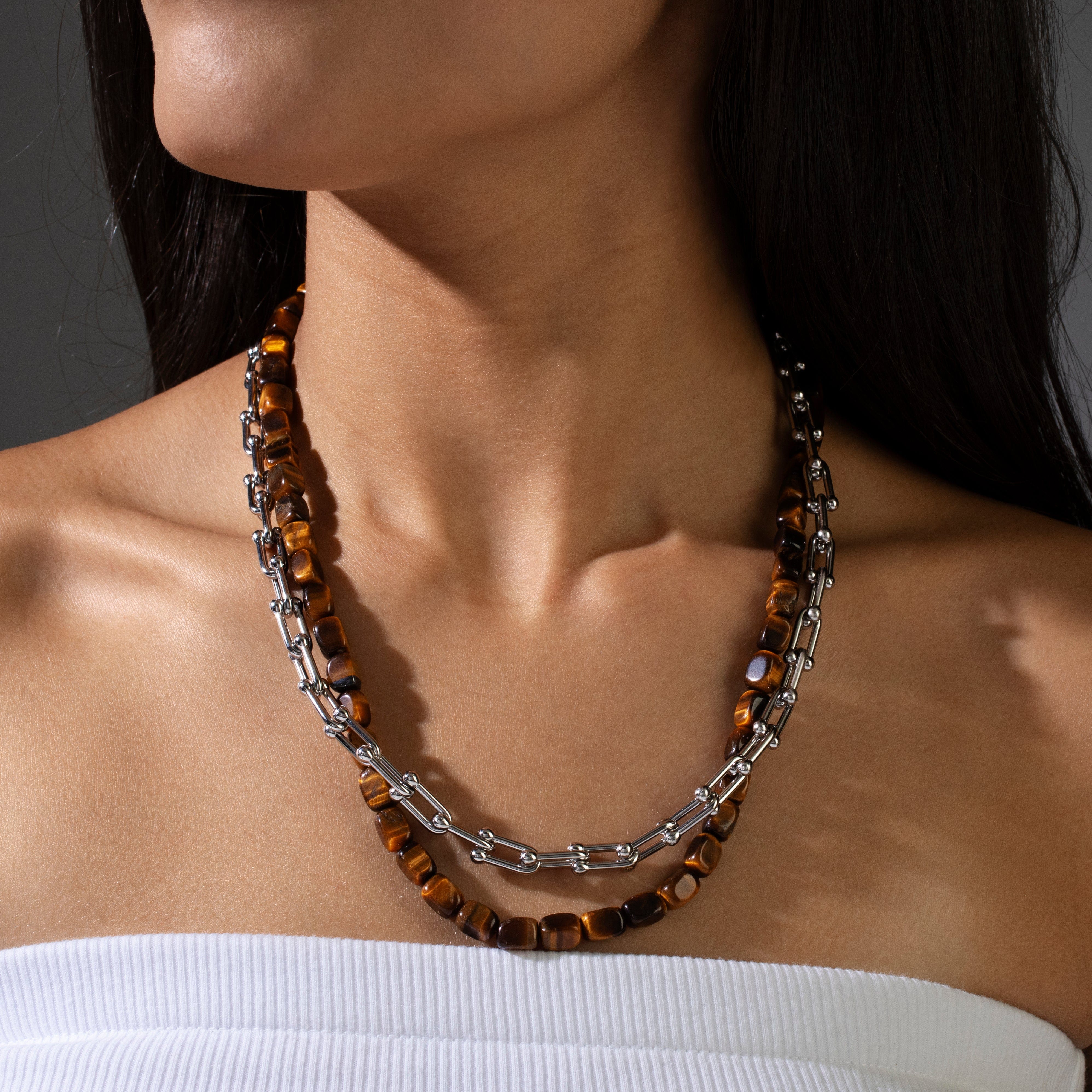 KALIFANO Gemstone Jewelry Tiger Eye & Silver Hardware Style Chain Adjustable Necklace 2SN-TE