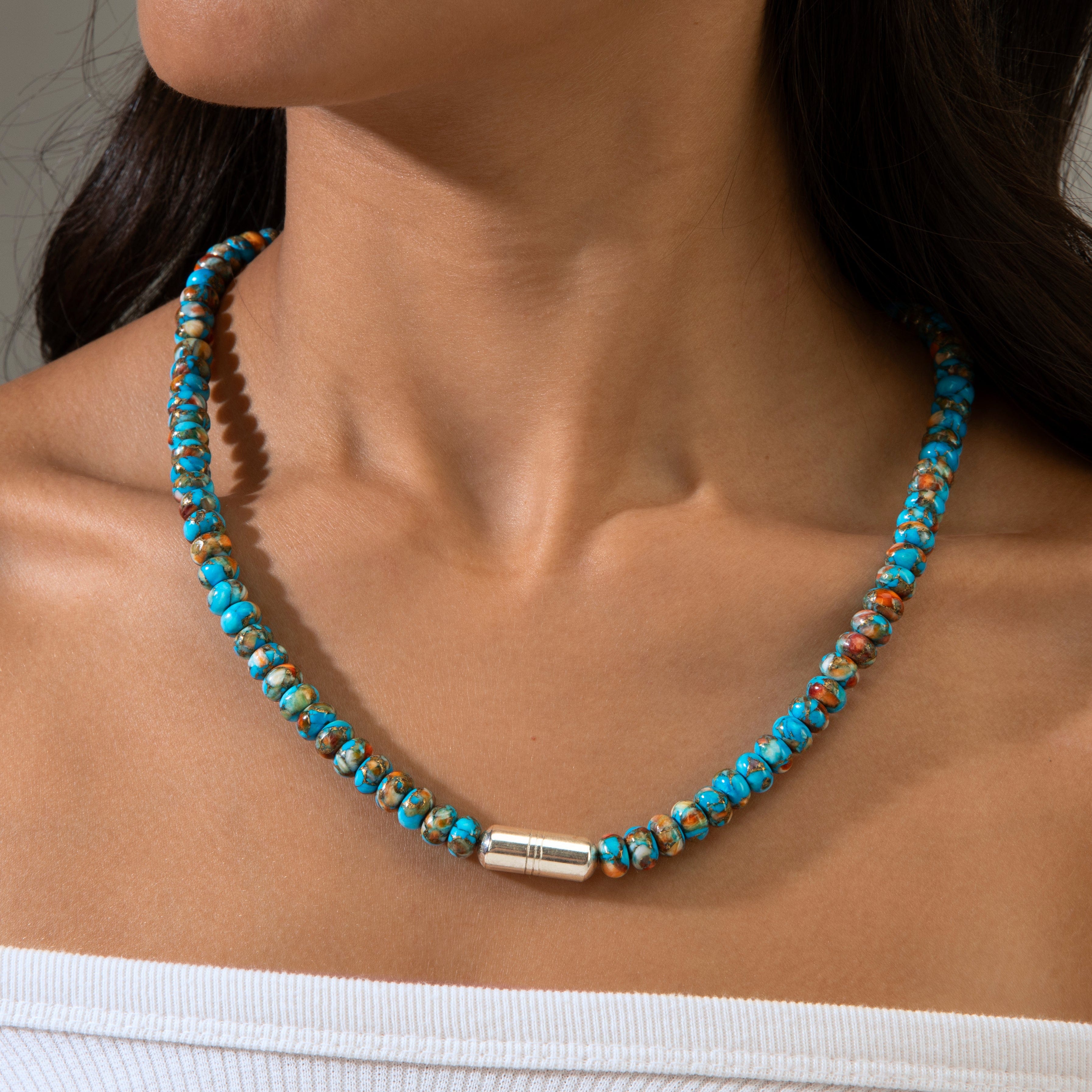 KALIFANO Gemstone Jewelry Turquoise Spiny Oyster 5x8mm Necklace With Sterling Silver Clasp - 21.5" 925N-12-HTSO