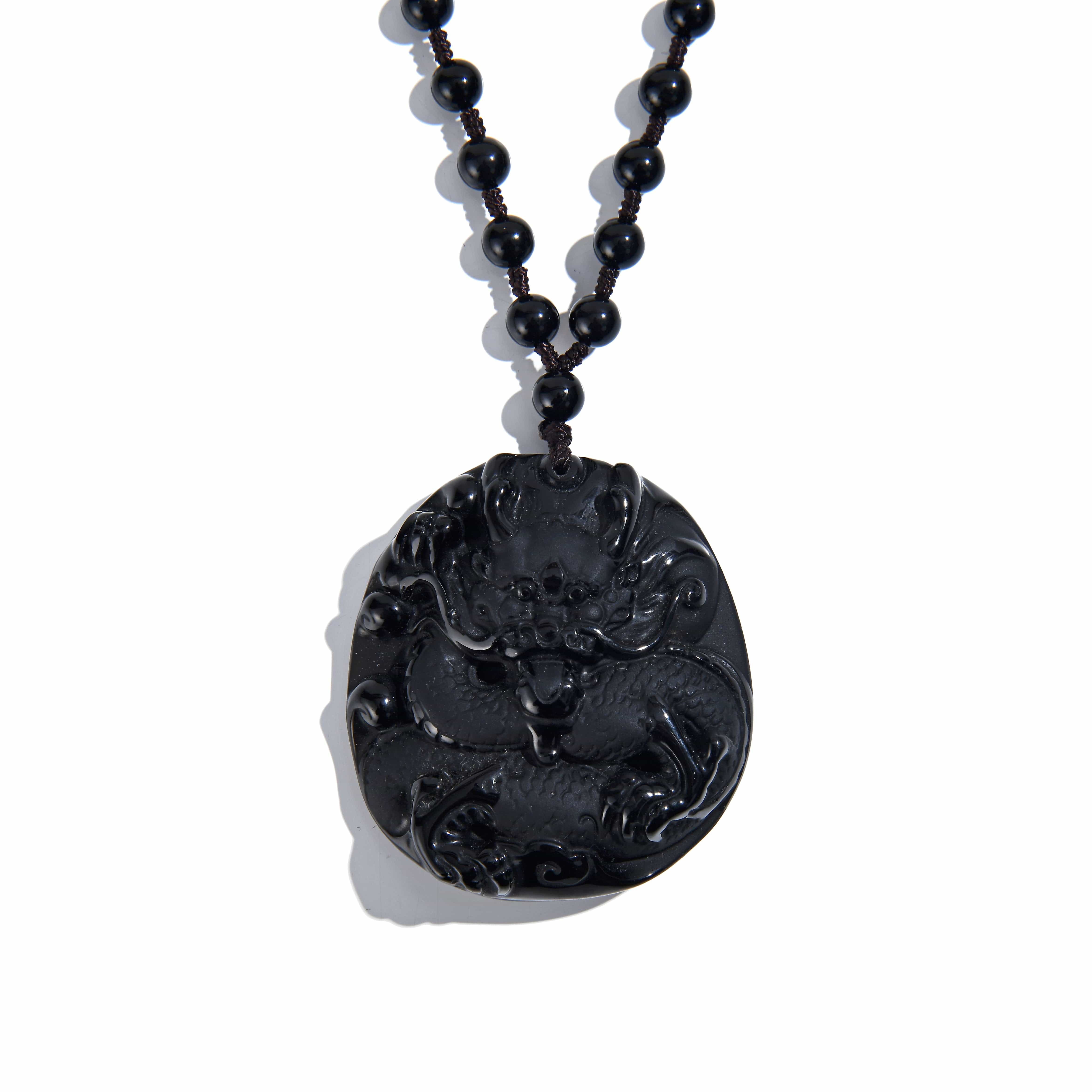 KALIFANO Gemstone Necklaces Obsidian Dragon Amulet Gemstone Necklace - 24" WHITE-DRAG-OB