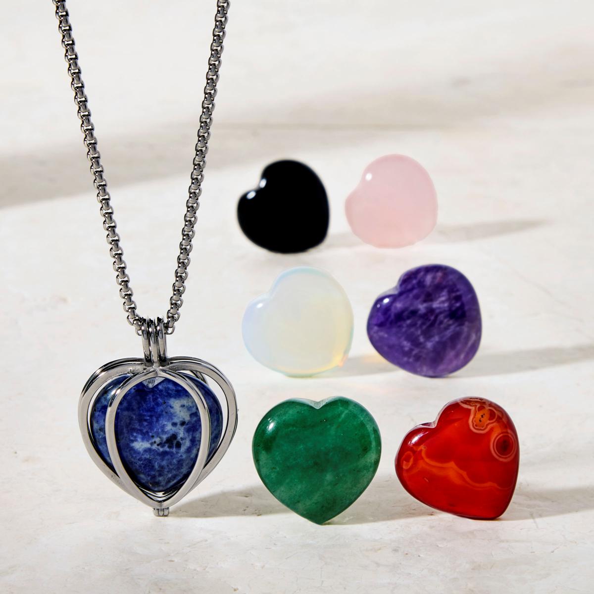 KALIFANO Gemstone Necklaces Silver tone Stainless Steel Convertible Heart Locket with Chakra Gemstones | Adjustable Bolo Chain | 30" SHN200S-H