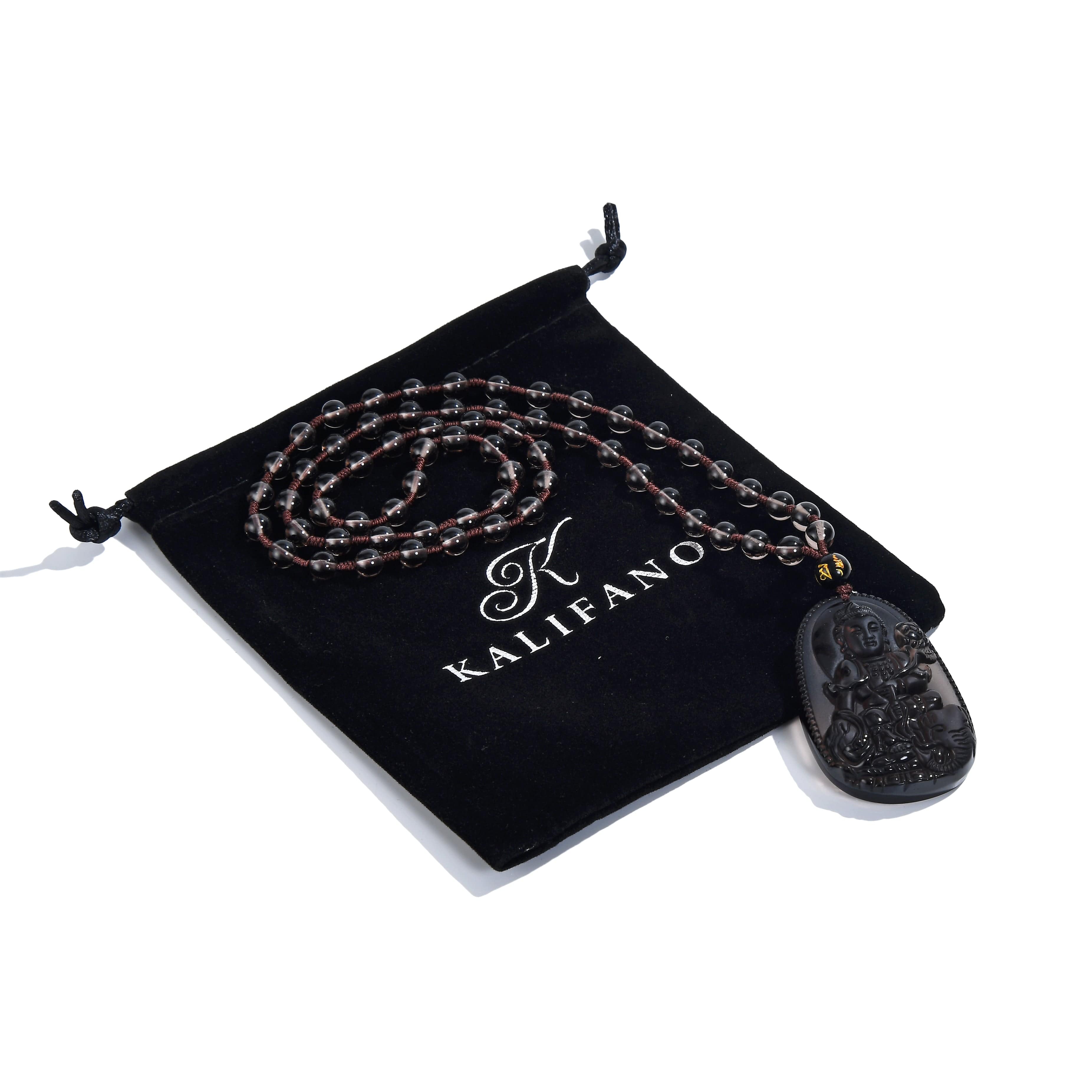 KALIFANO Gemstone Necklaces Smoky Quartz Budha Amulet Gemstone Necklace - 24" WHITE-BUD-SQ