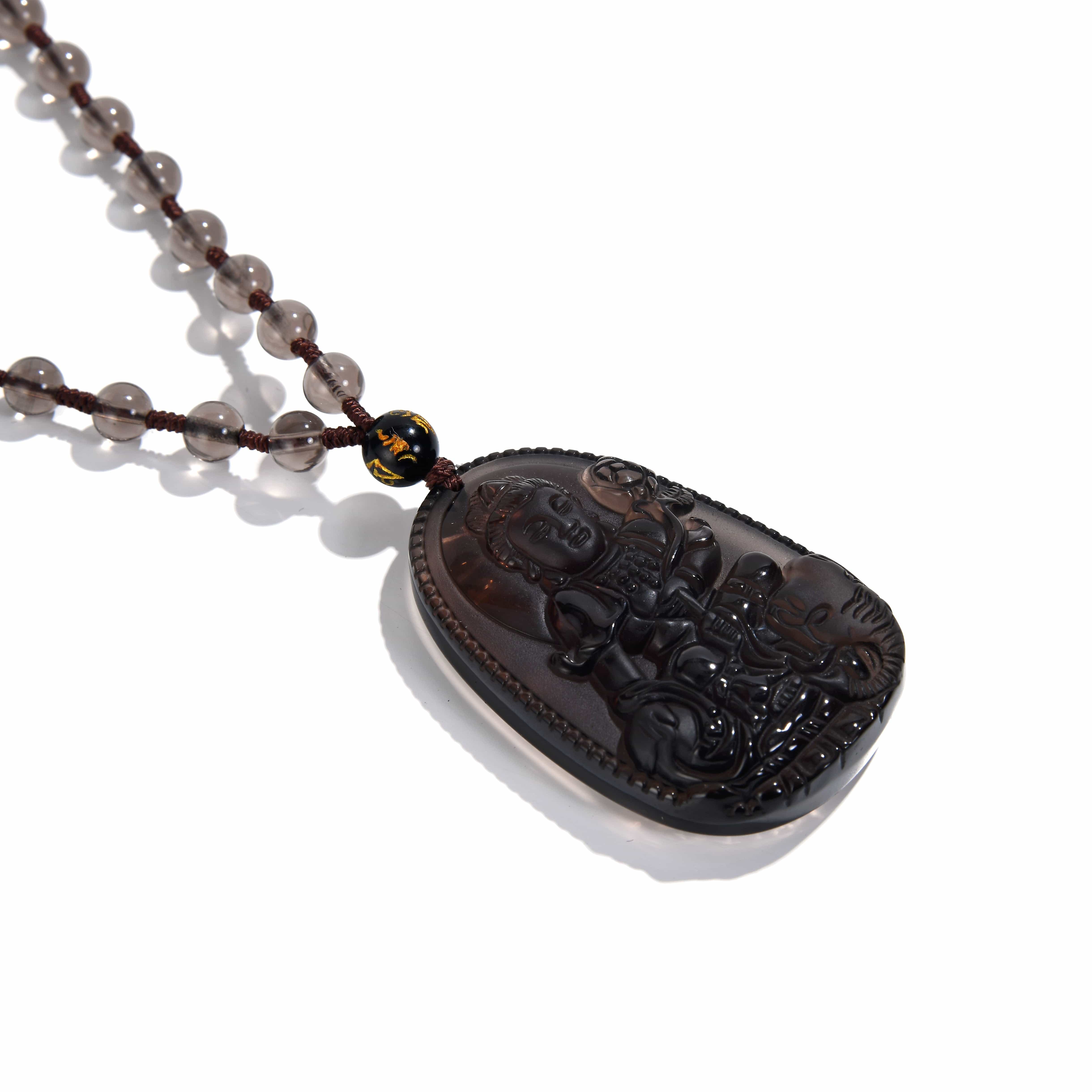 KALIFANO Gemstone Necklaces Smoky Quartz Budha Amulet Gemstone Necklace - 24" WHITE-BUD-SQ