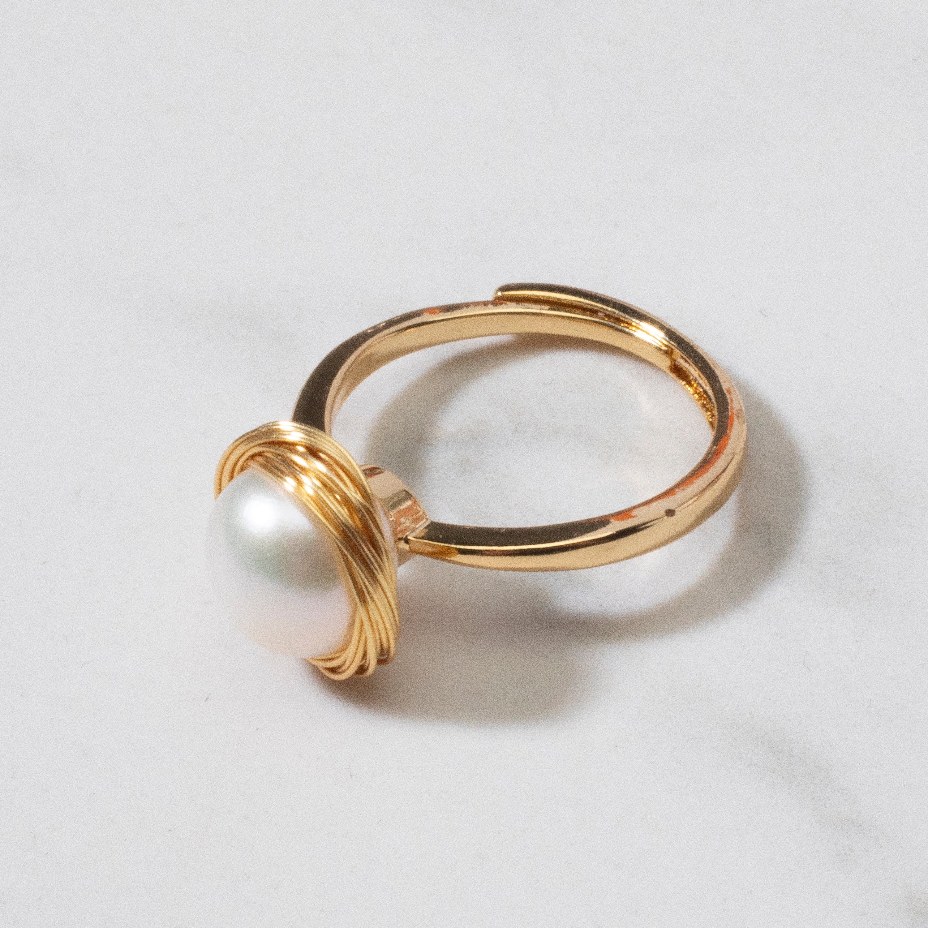 KALIFANO Gemstone Rings Fresh Water Pearl and Braided Brass Adjustable Ring - White BPR-W