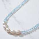 4mm Faceted Aquamarine Bead Necklace with 5 Pearls with 925 Silver Clasp
