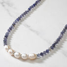 4mm Faceted Iolite Bead Necklace with 5 Pearls with 925 Silver Clasp
