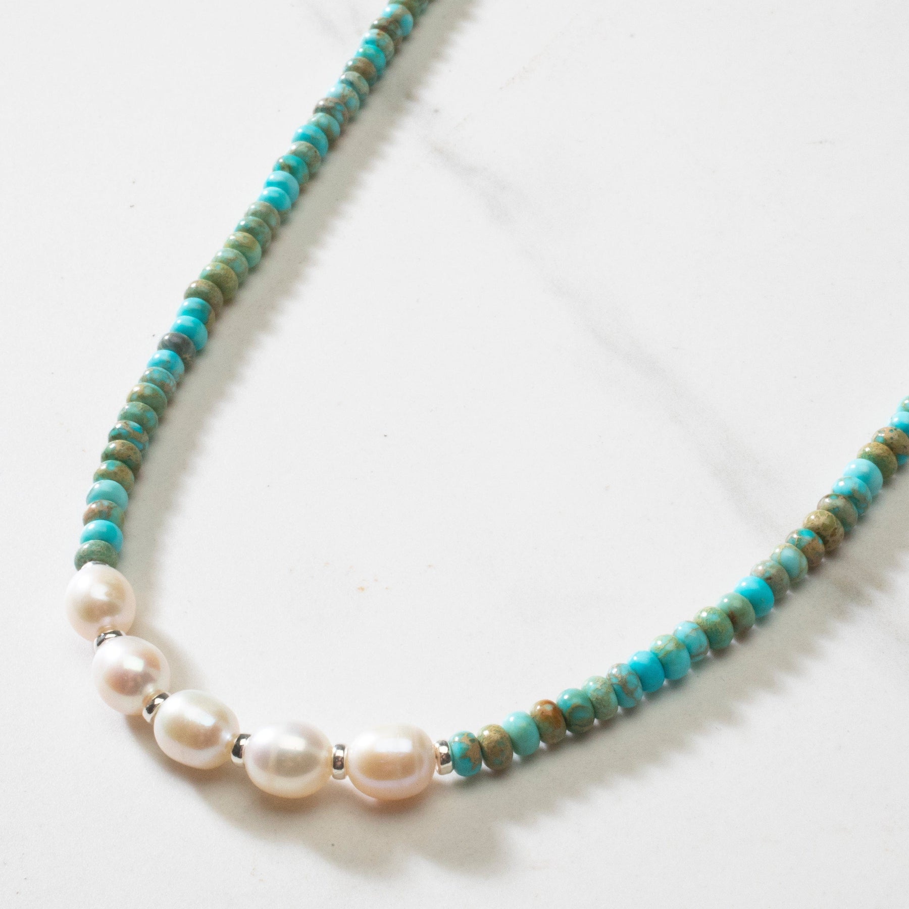 4mm Faceted King Howlite Turquoise Bead Necklace with 5 Pearls with 925 ...