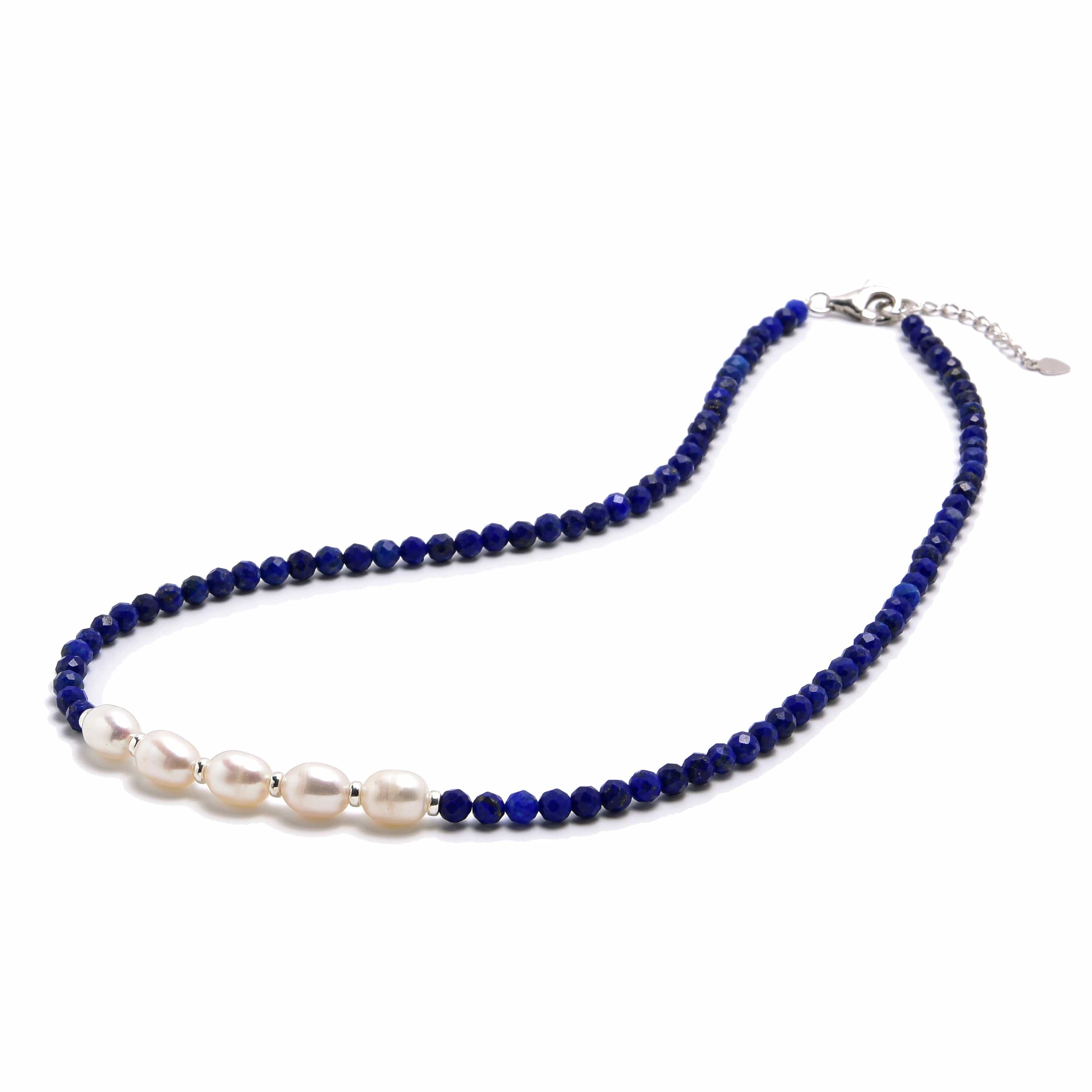 KALIFANO Jewelry 4mm Faceted Lapis Bead Necklace with 5 Pearls with 925 Silver Clasp 4MLP