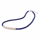 4mm Faceted Lapis Bead Necklace with 5 Pearls with 925 Silver Clasp