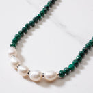 4mm Faceted Malachite Bead Necklace with 5 Pearls with 925 Silver Clasp