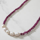4mm Faceted Ruby Bead Necklace with 5 Pearls with 925 Silver Clasp