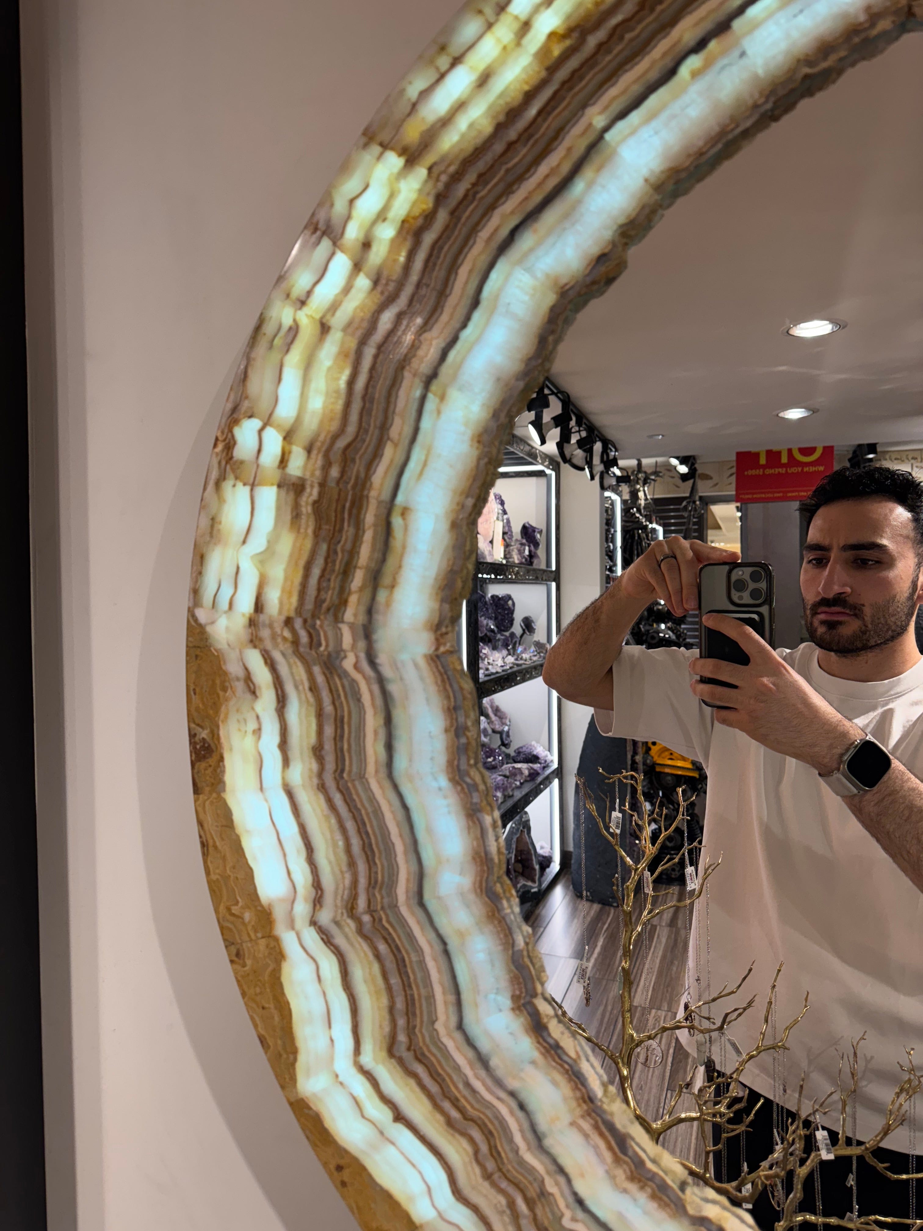 Kalifano Light Towers Natural Striped Rainbow Onyx Round Mirror from Mexico - 40" Diameter LTM40x4.001