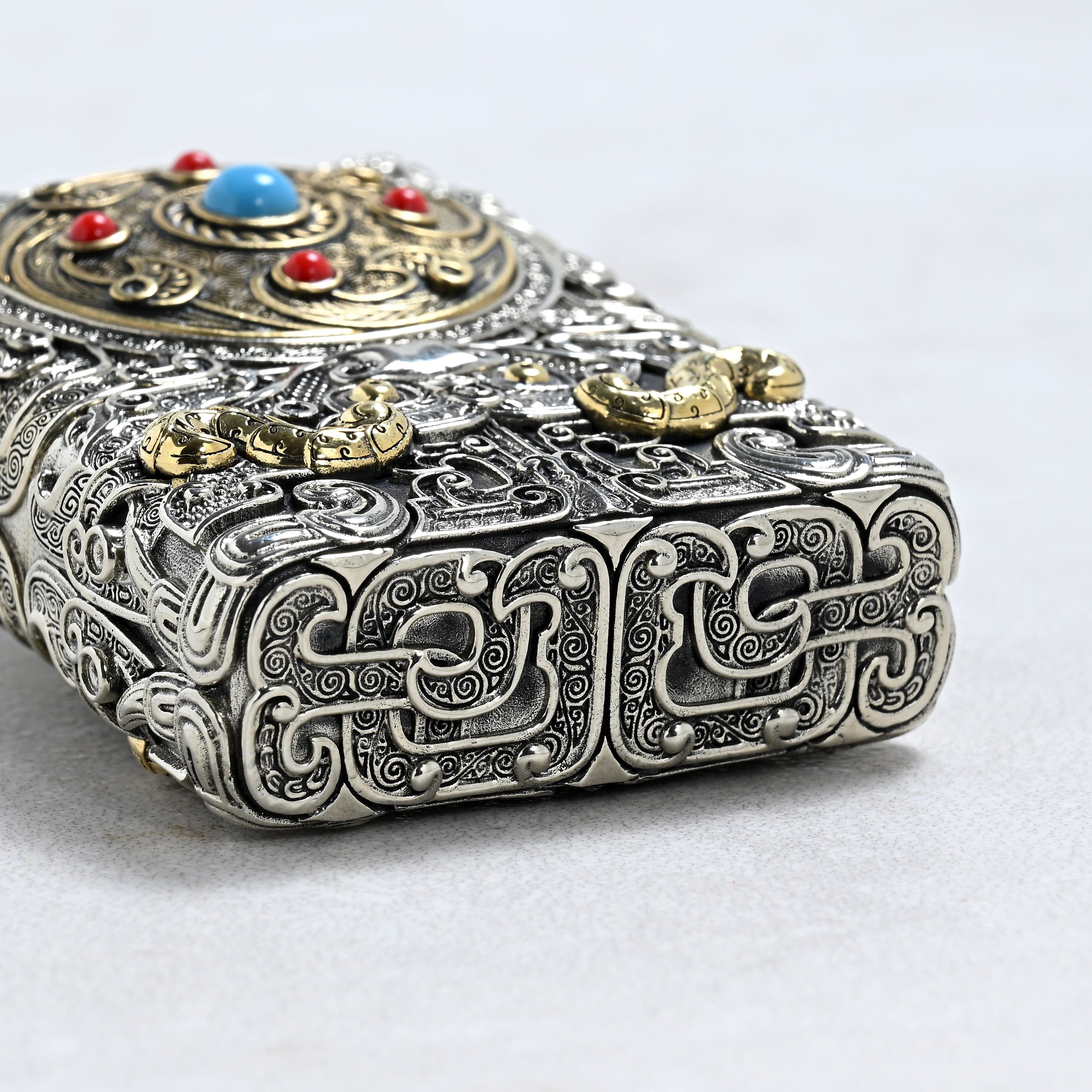 Kalifano Lighters Turquoise & Coral 925 Sterling Silver & Copper Lighter Case SHL-03