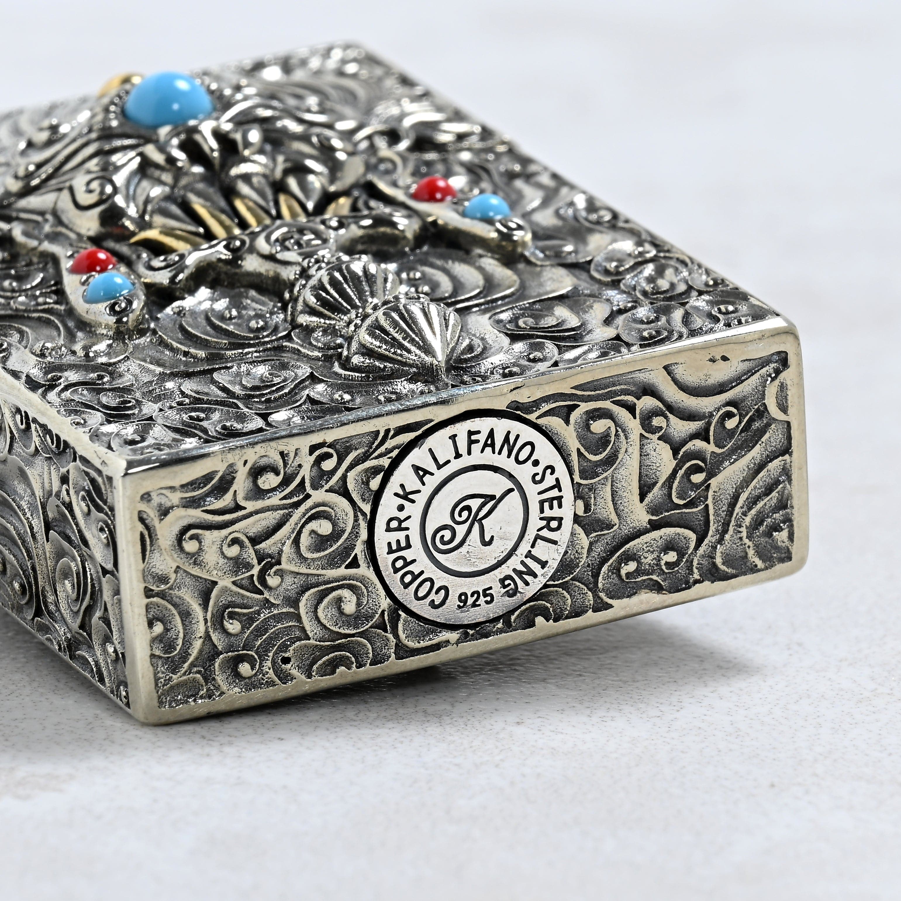 Kalifano Lighters Turquoise & Coral 925 Sterling Silver & Copper Lighter Case SHL-04