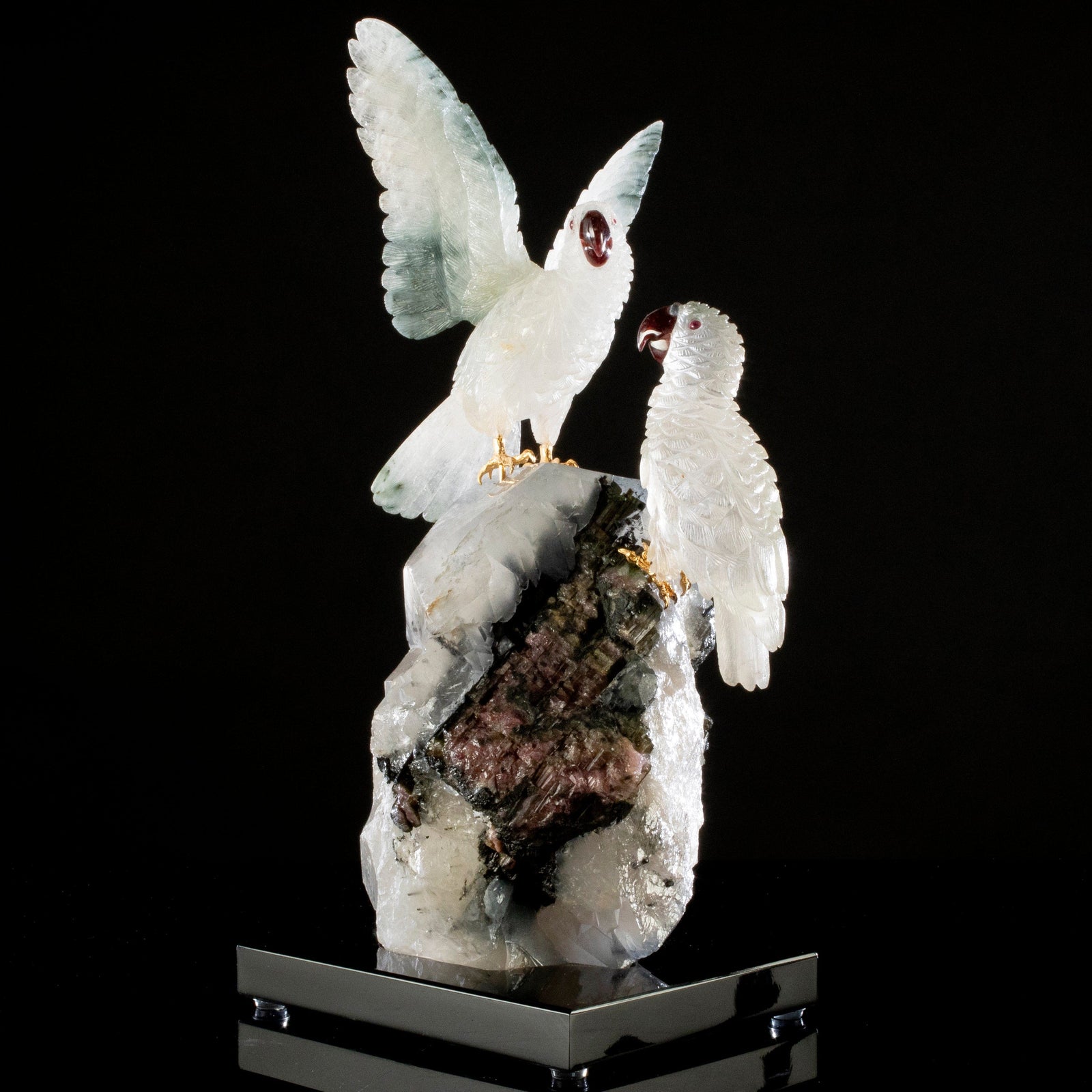 Peter Muller | Actionlite Parrot Couple Birds Carving on Smoky Quartz Base