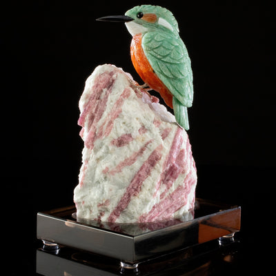 Kalifano Love Birds Carvings Amazonite Belted Kingfisher Love Bird Carving on Tourmaline Base LB.A130.006