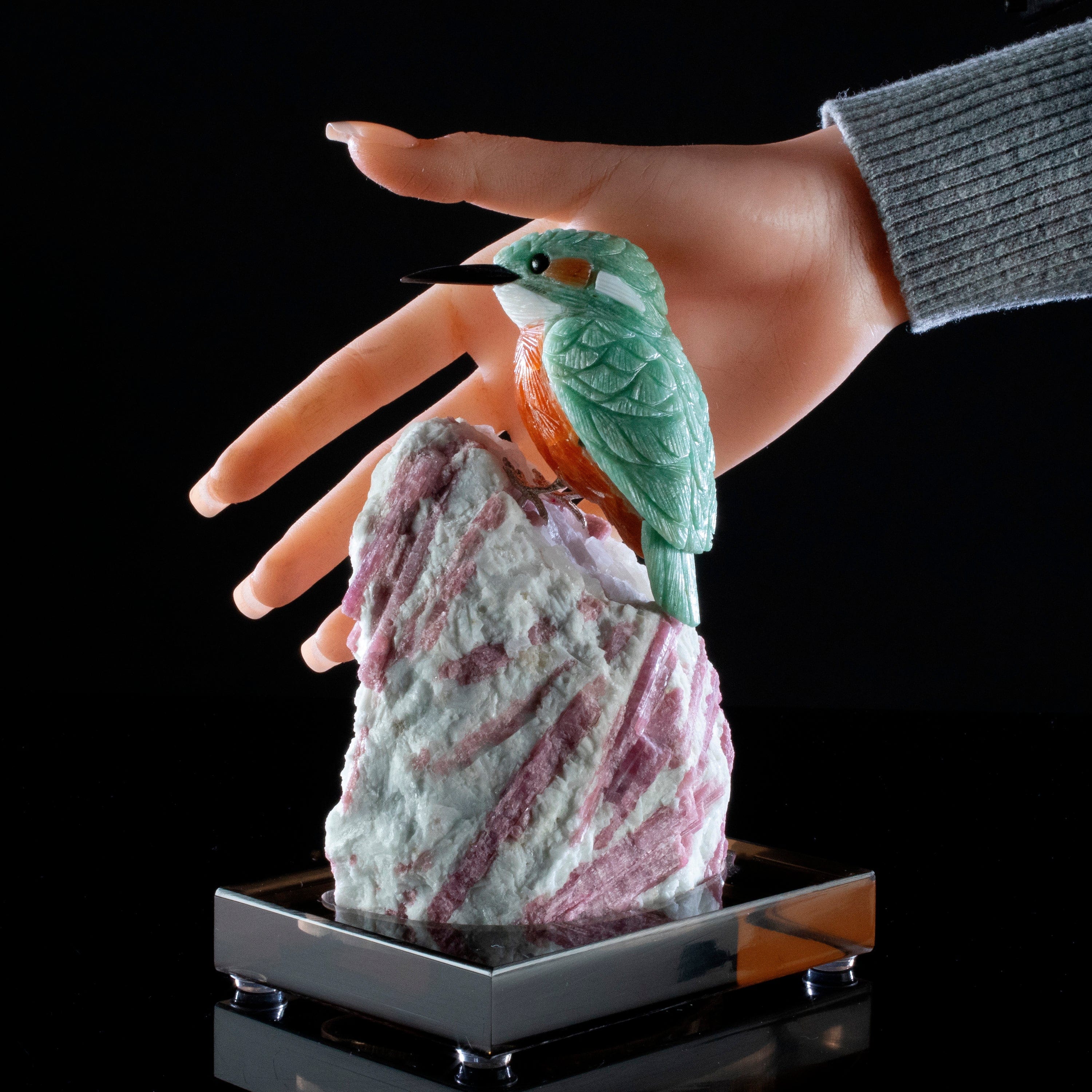 Kalifano Love Birds Carvings Amazonite Belted Kingfisher Love Bird Carving on Tourmaline Base LB.A130.006
