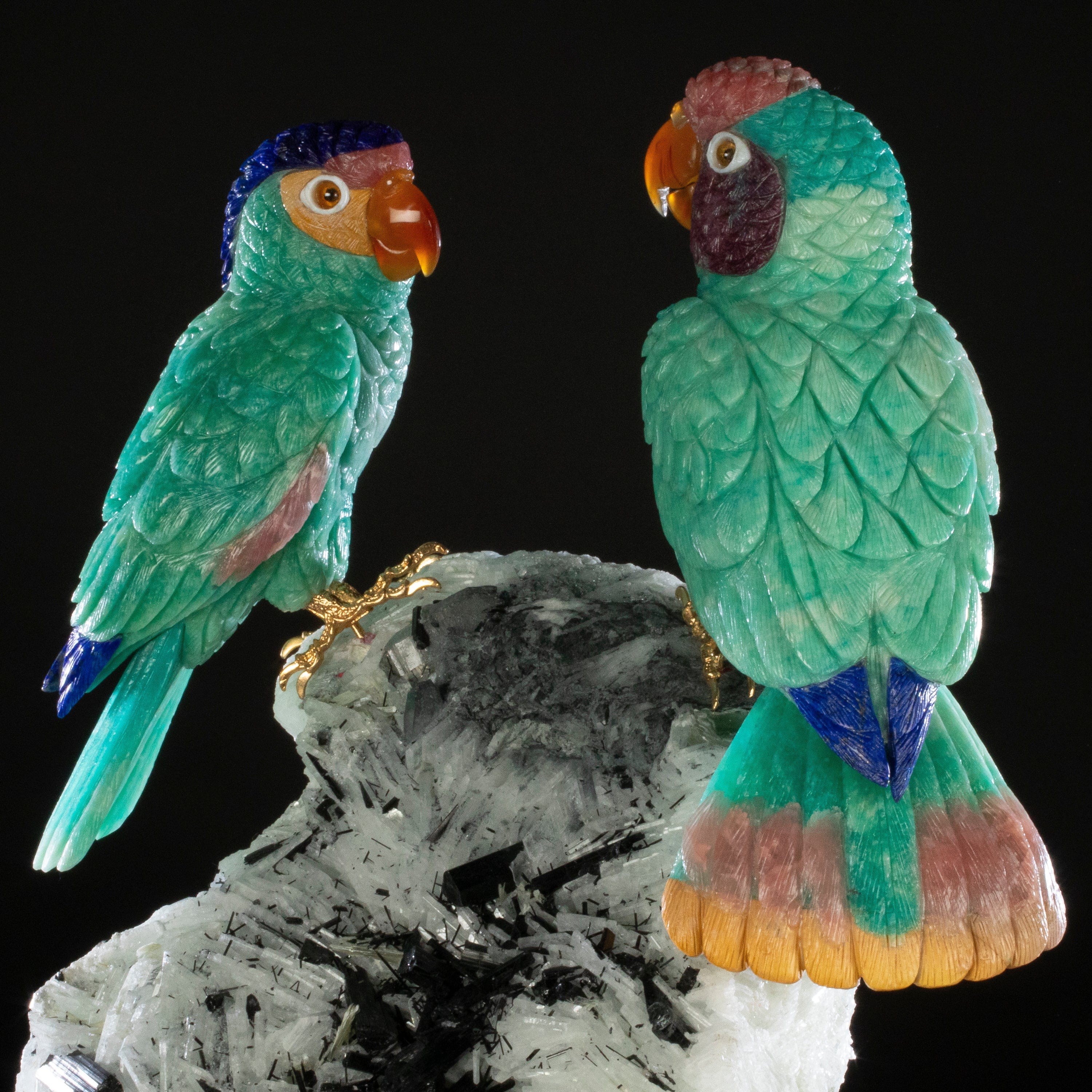 Kalifano Love Birds Carvings Amazonite, Lapis Lazuli, Rhodochrosite, & Mokaite Blue Fronted Amazon Parrot Couple Love Birds Carving on Albite & Tourmaline & Marble Base LB.12360.001