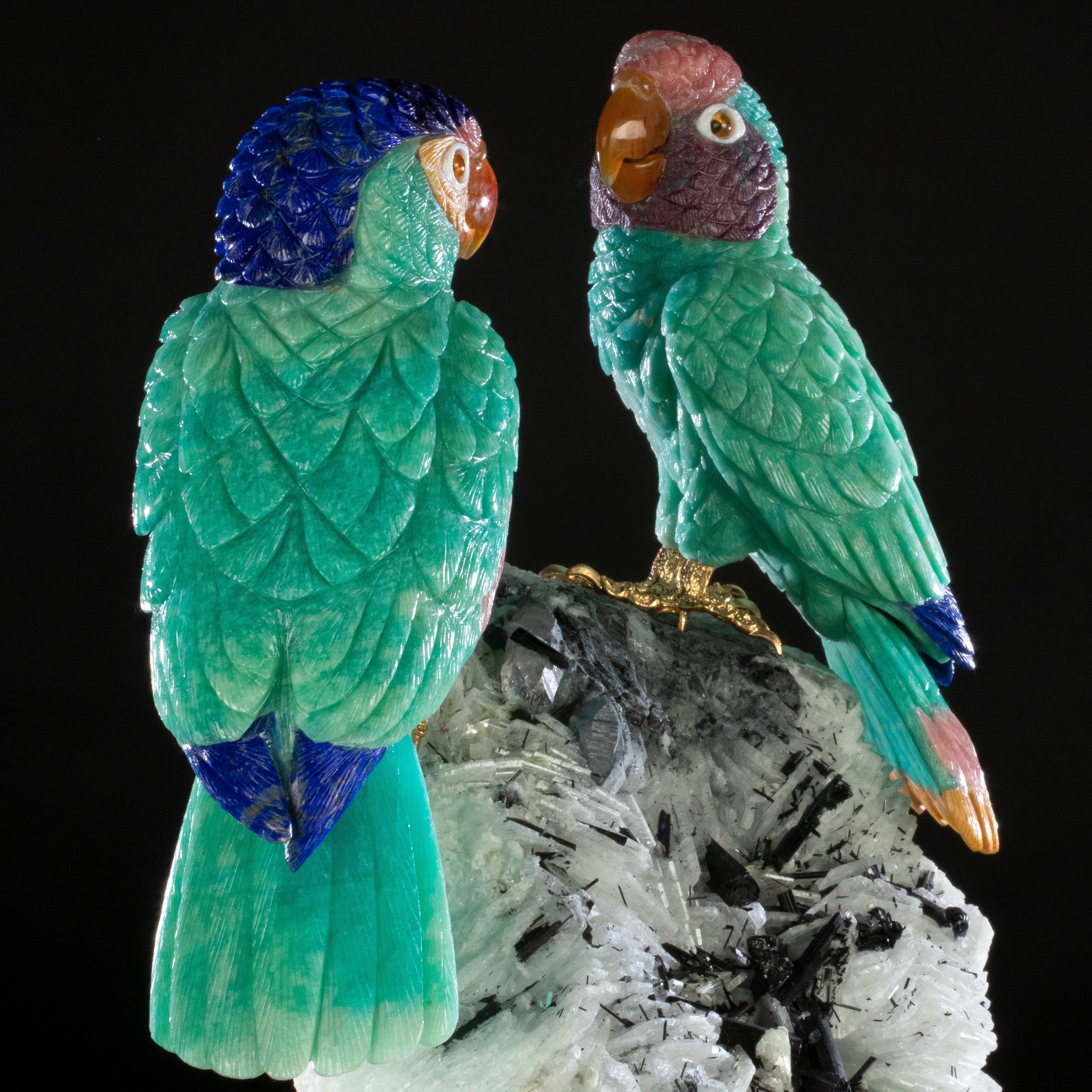 Kalifano Love Birds Carvings Amazonite, Lapis Lazuli, Rhodochrosite, & Mokaite Blue Fronted Amazon Parrot Couple Love Birds Carving on Albite & Tourmaline & Marble Base LB.12360.001