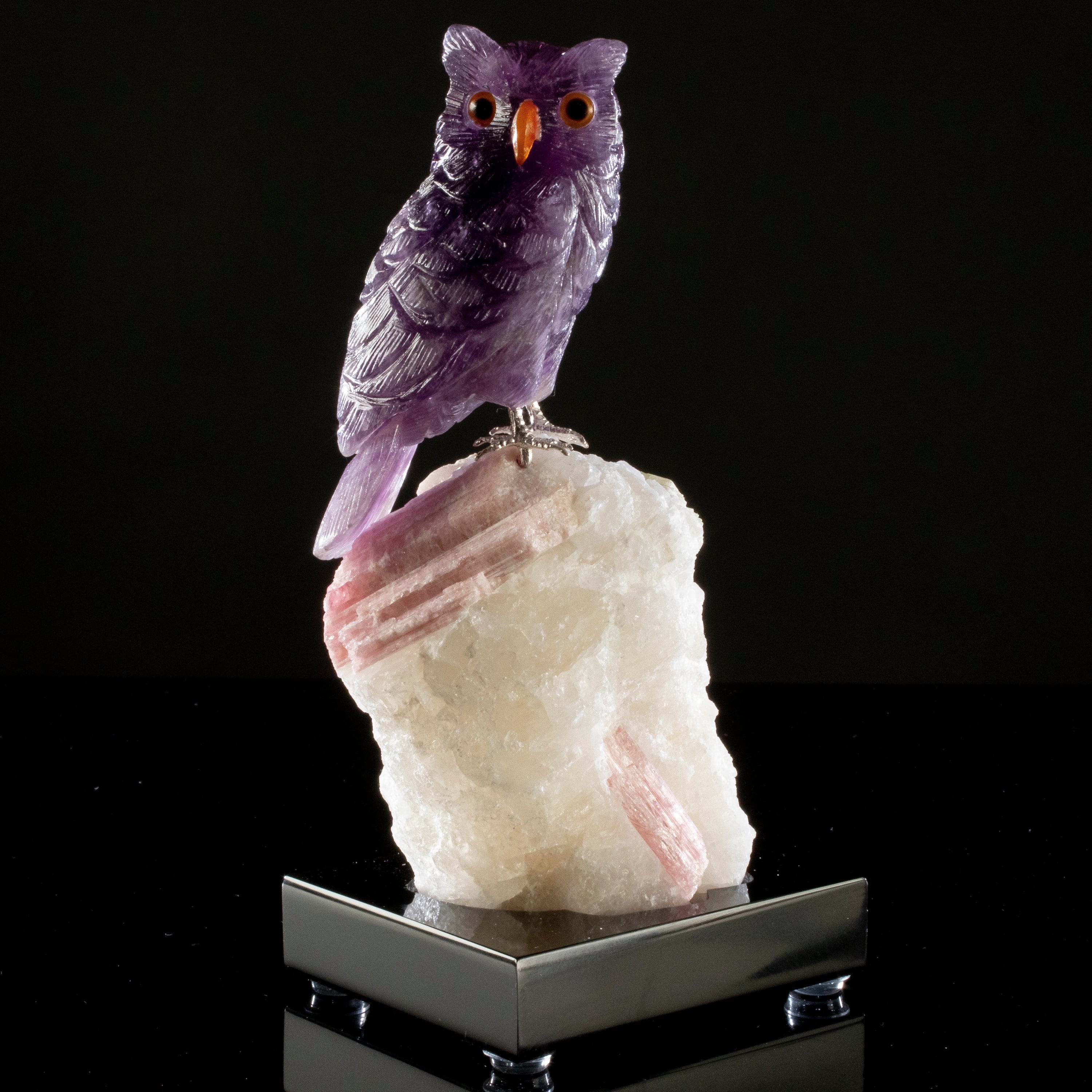 New! Quartz Crystal Carved Parrot with Amethyst Crystal Wings on a