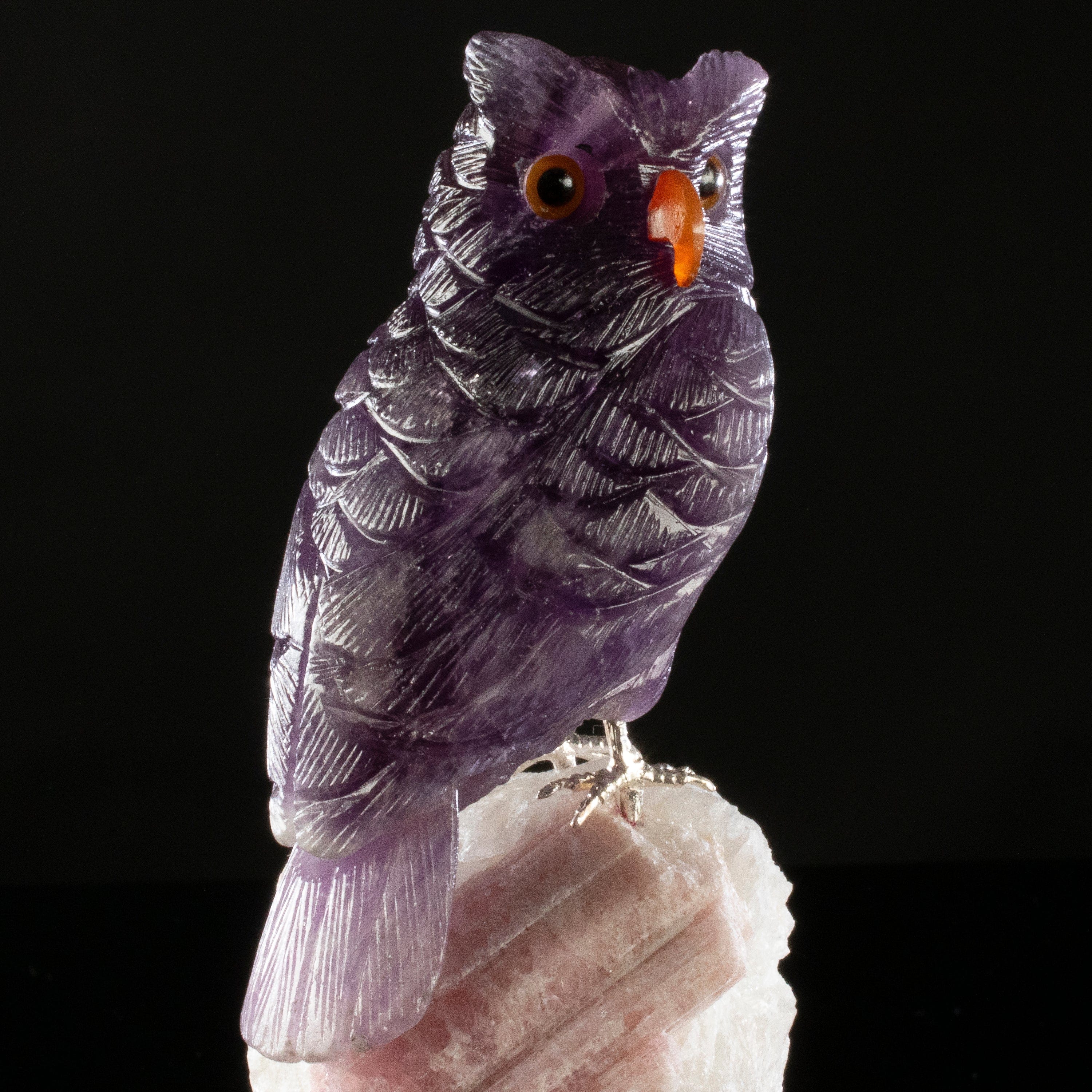 Kalifano Love Birds Carvings Amethyst Owl Love Bird Carving on Tourmaline Base LB.A129.008