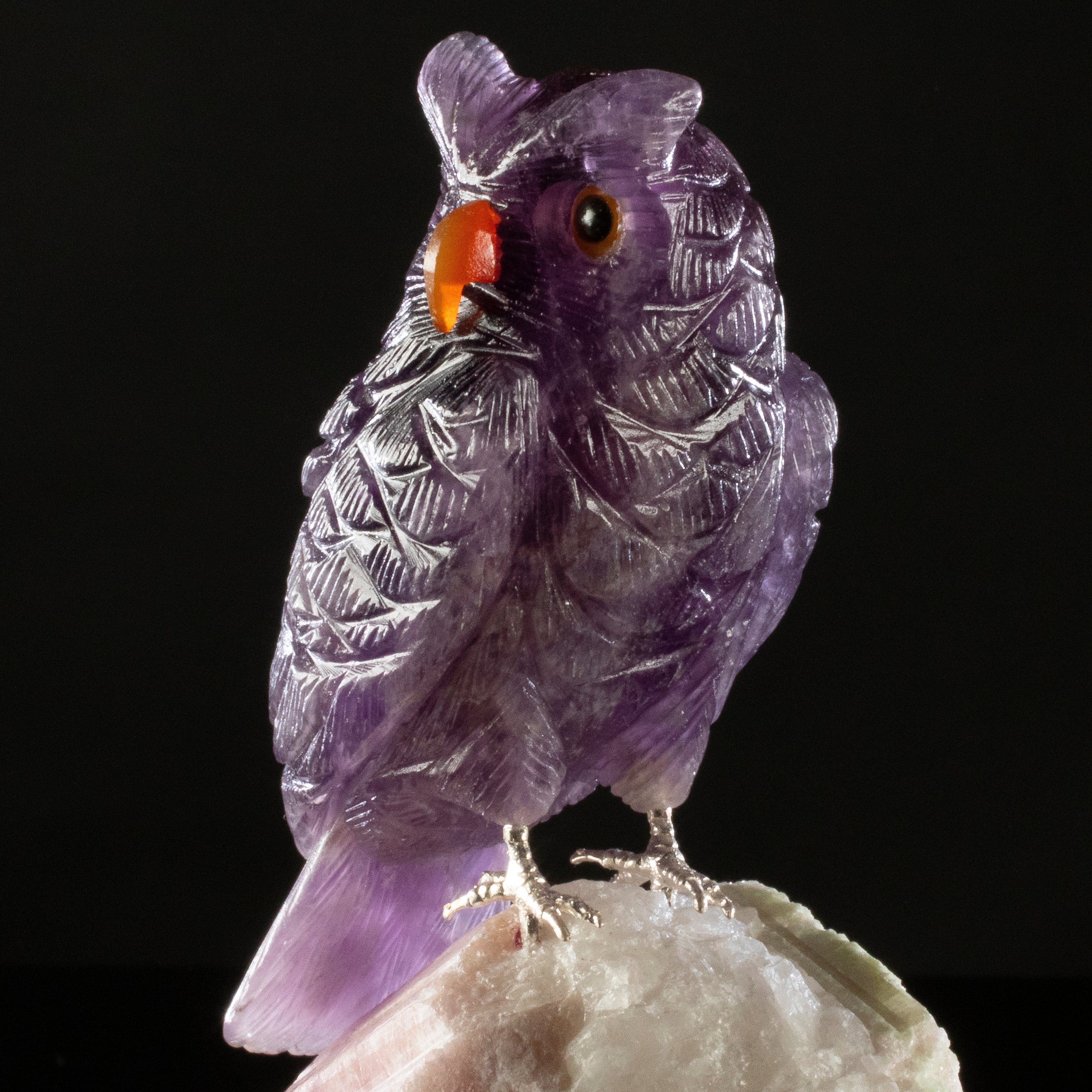 Kalifano Love Birds Carvings Amethyst Owl Love Bird Carving on Tourmaline Base LB.A129.008