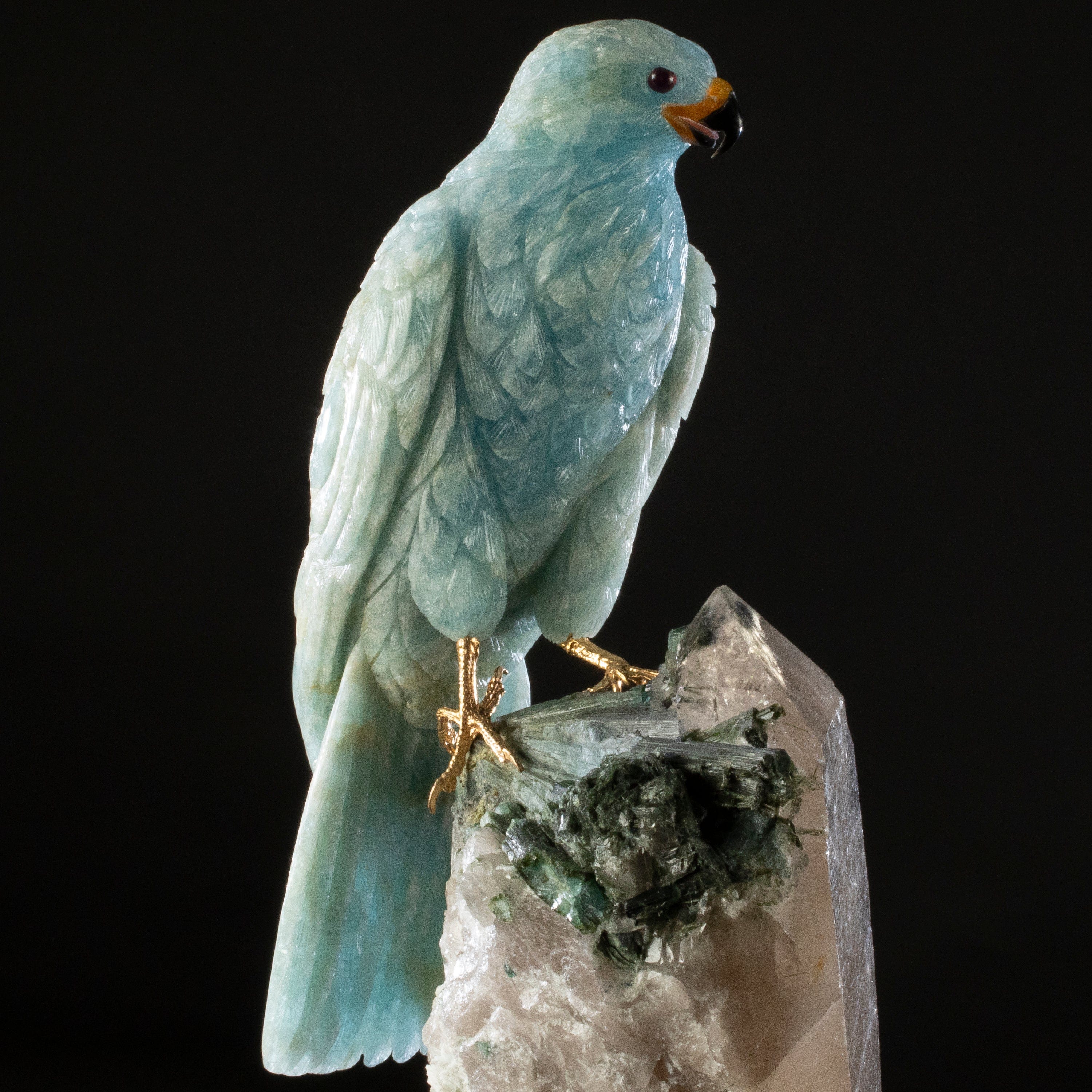 Kalifano Love Birds Carvings Aquamarine Falcon Love Birds Carving on Quartz and Tourmaline Base LB.12347.001