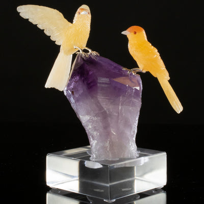 Kalifano Love Birds Carvings Aragonite Canary Love Bird Carvings on Amethyst Base LB.A268.001