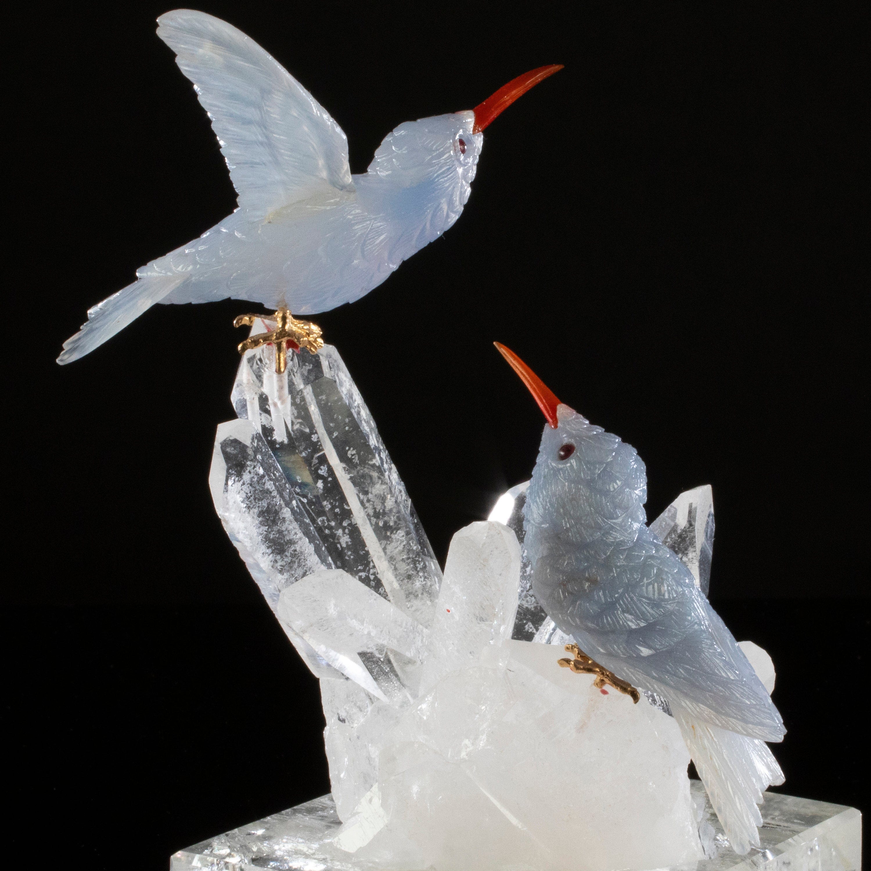 Peter Muller Chalcedony Hummingbird Couple Love Bird Carving on Clear  Quartz Point Cluster