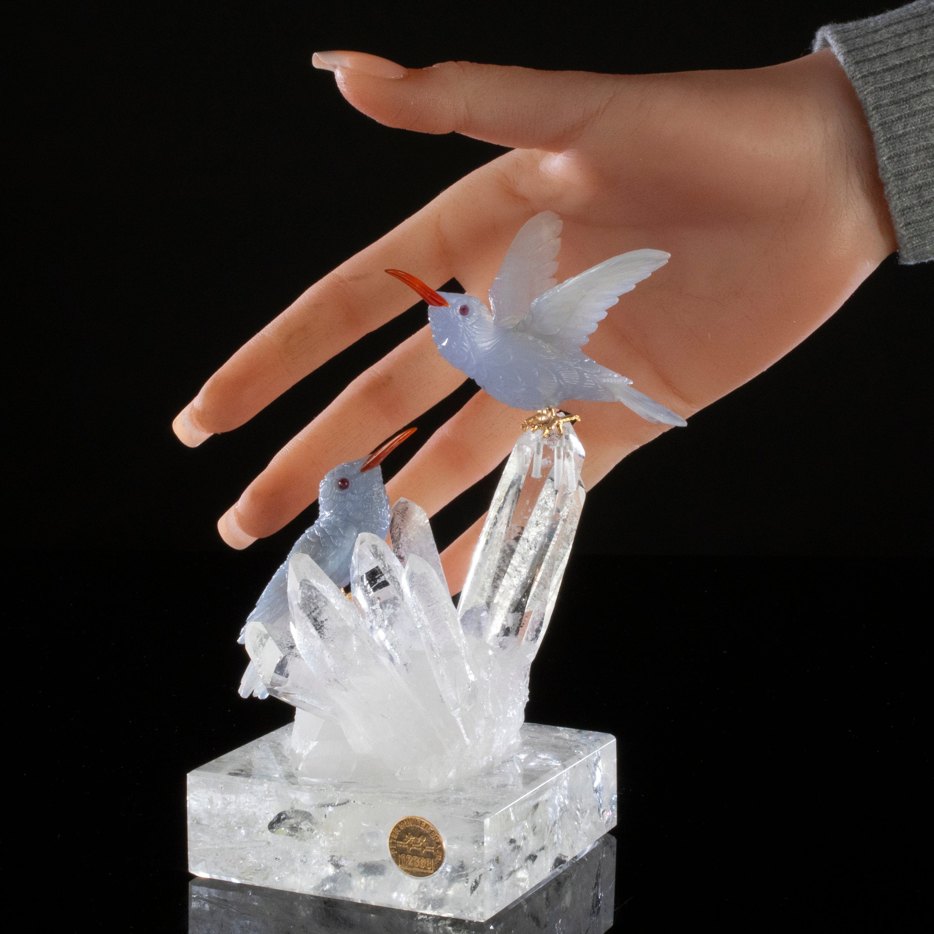 Kalifano Love Birds Carvings Chalcedony Hummingbird Couple Love Bird Carving on Clear Quartz Point Cluster LB.12368.001