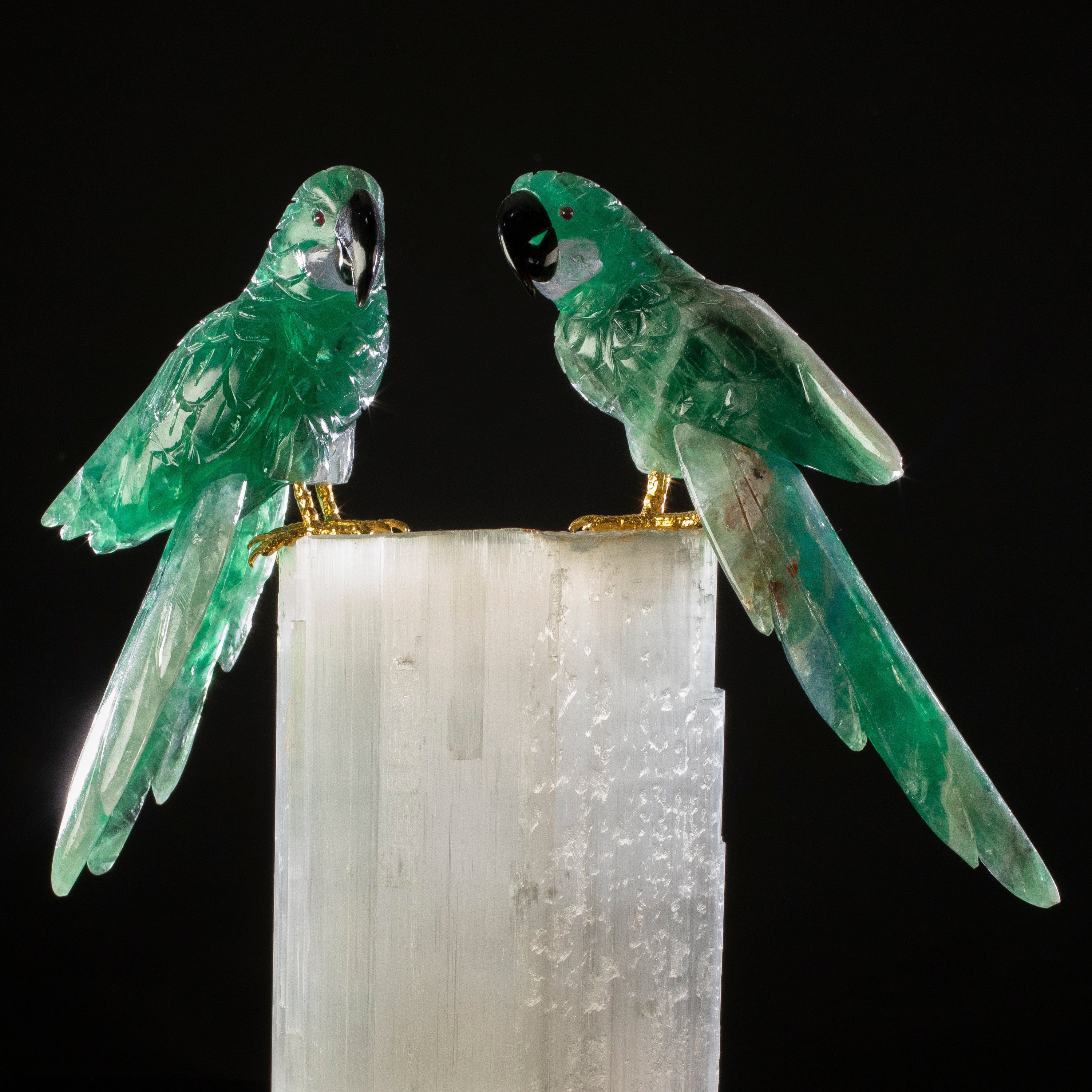 KALIFANO Love Birds Carvings Fluorite Parrot Carving on Selenite Log Base - 15" LB38000.001