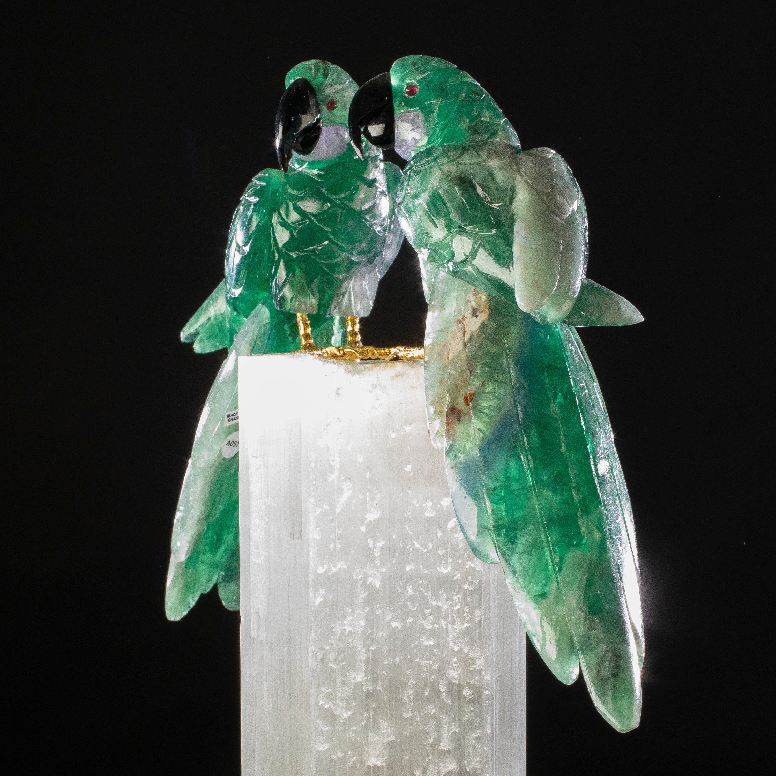 KALIFANO Love Birds Carvings Fluorite Parrot Carving on Selenite Log Base - 15" LB38000.001
