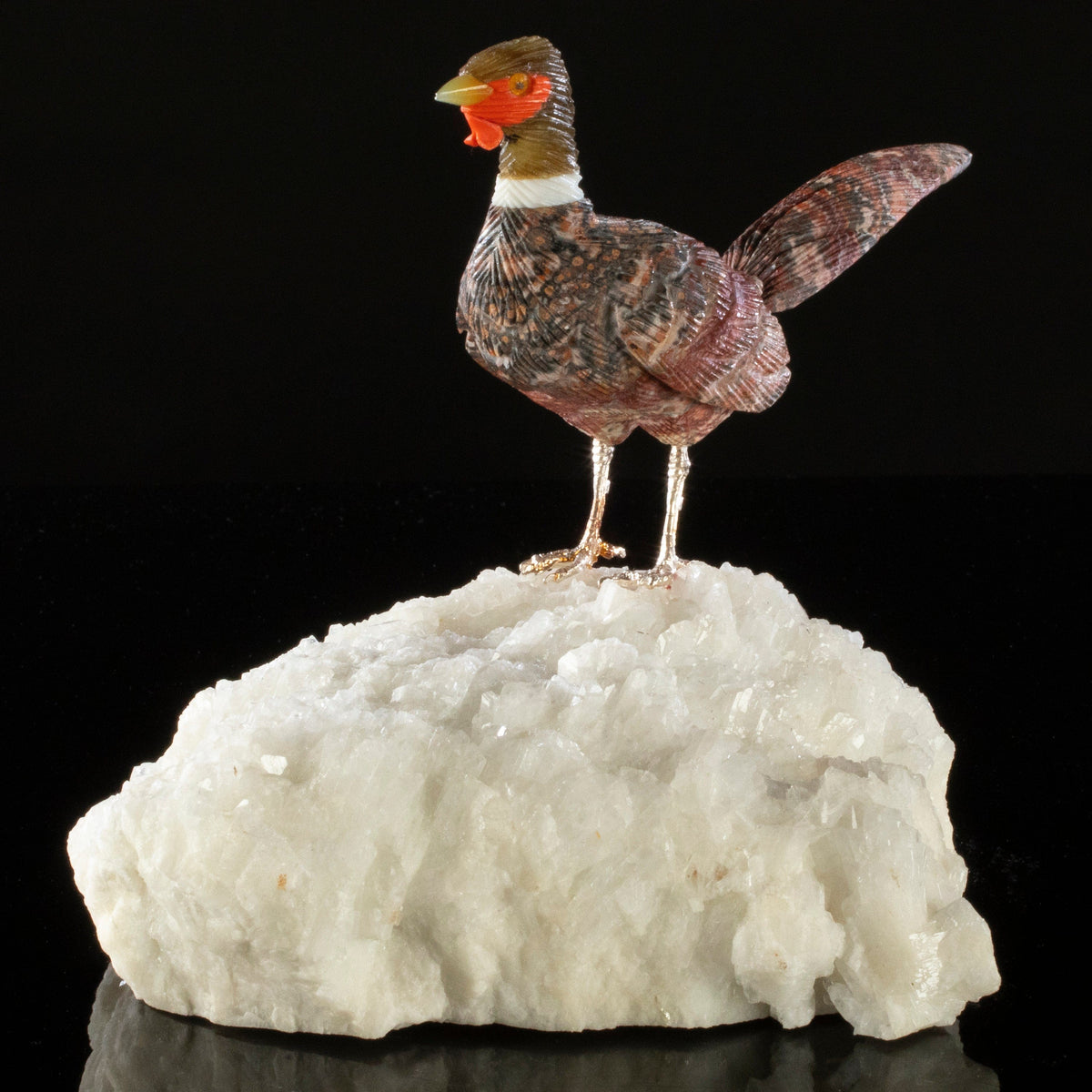 Peter Muller | Leopardskin Pheaseant Love Bird Carving on Quartz Base