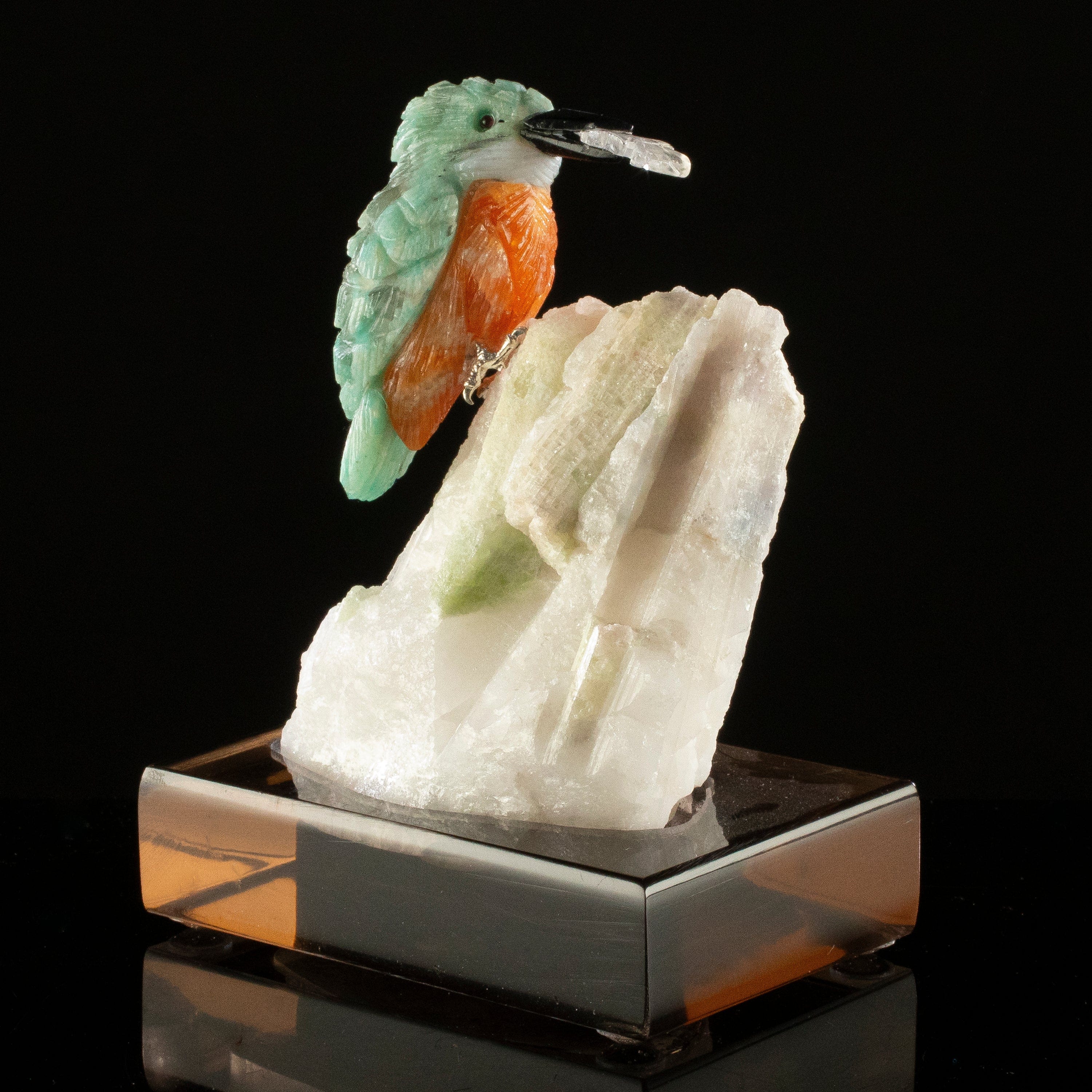 KALIFANO Love Birds Carvings Peter Muller Amazonite Kingfisher Carving on Watermelon Tourmaline Base LB.C134.003