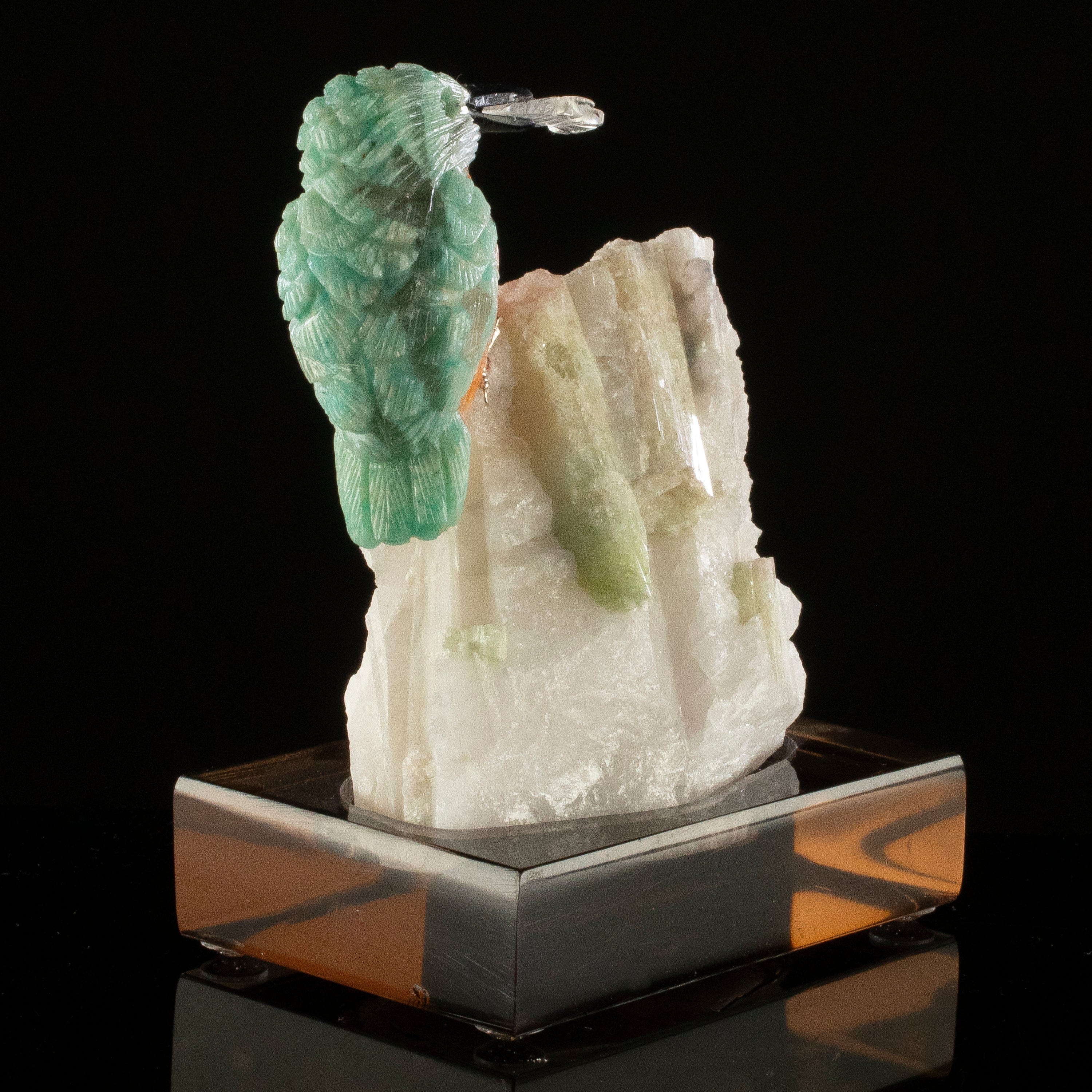 KALIFANO Love Birds Carvings Peter Muller Amazonite Kingfisher Carving on Watermelon Tourmaline Base LB.C134.003