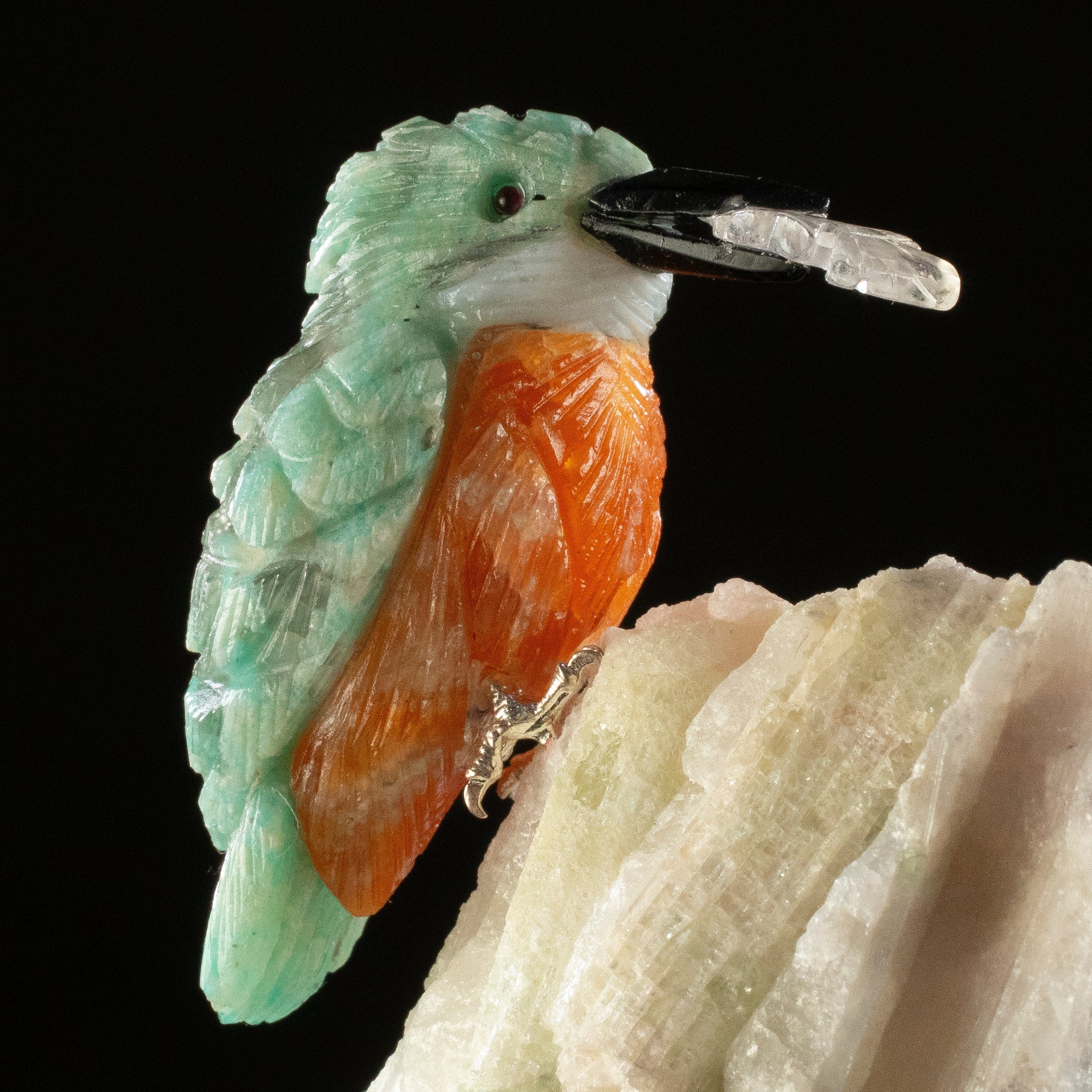 KALIFANO Love Birds Carvings Peter Muller Amazonite Kingfisher Carving on Watermelon Tourmaline Base LB.C134.003