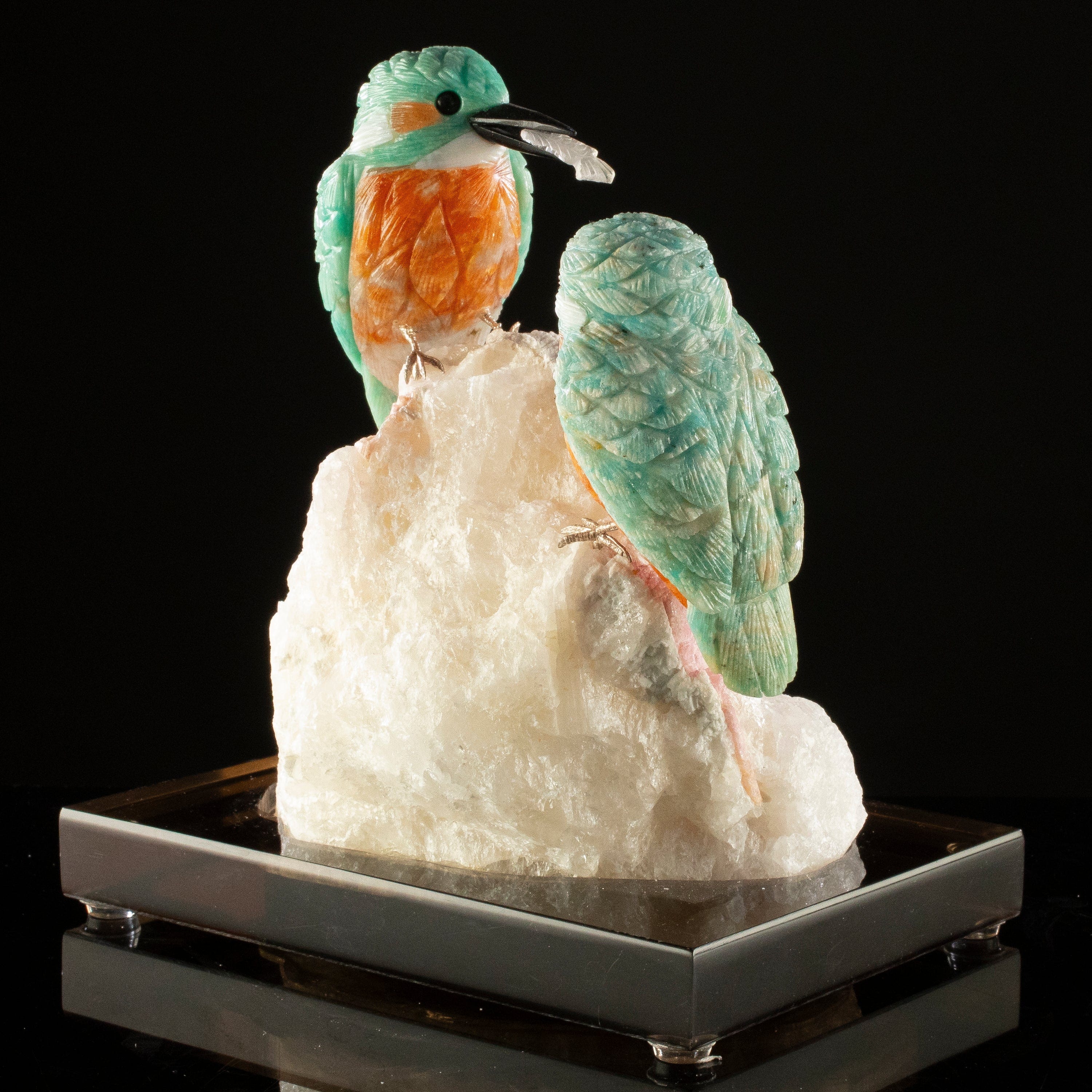 KALIFANO Love Birds Carvings Peter Muller Amazonite Kingfisher Couple Carving on Rubellite Base LB.A230.003