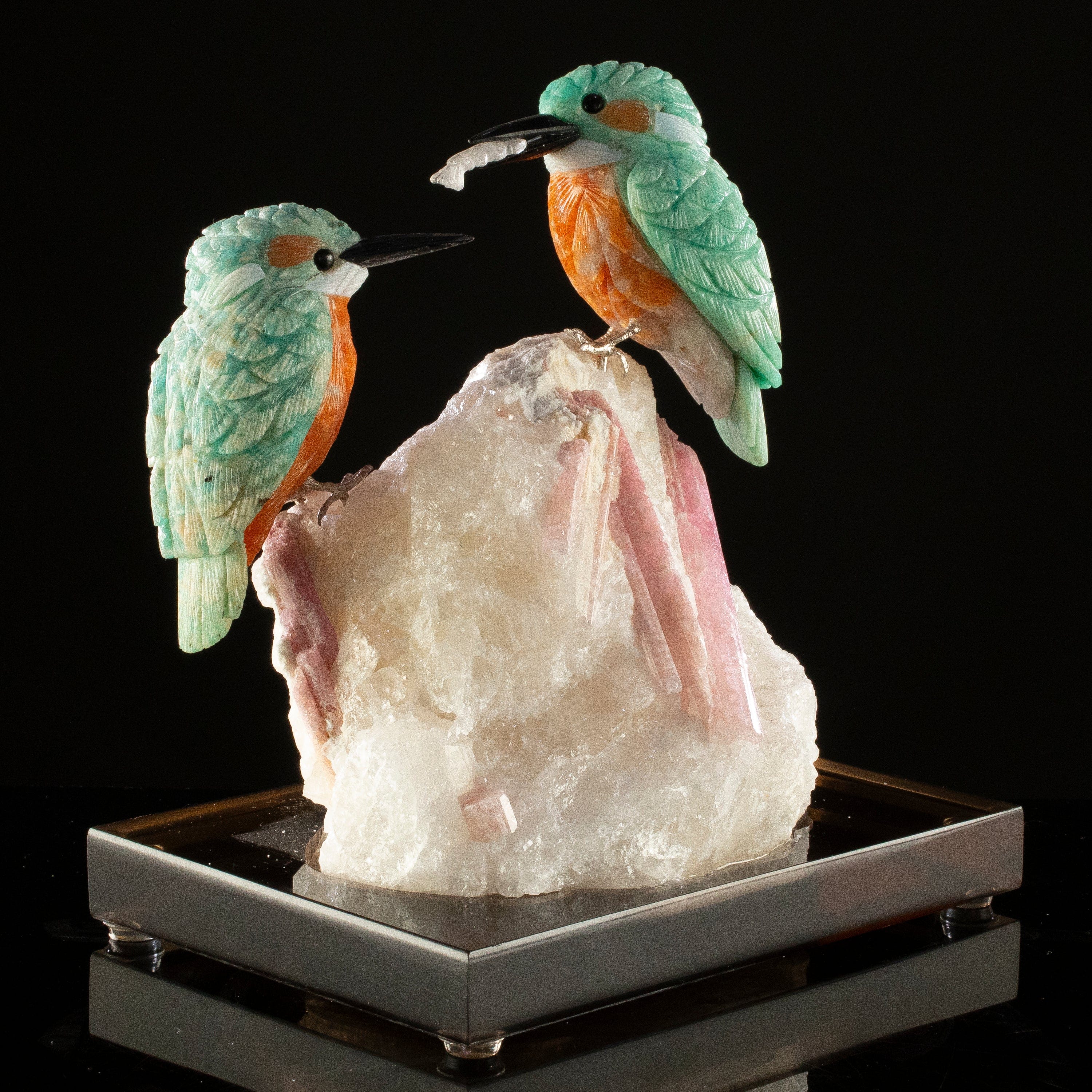 KALIFANO Love Birds Carvings Peter Muller Amazonite Kingfisher Couple Carving on Rubellite Base LB.A230.003