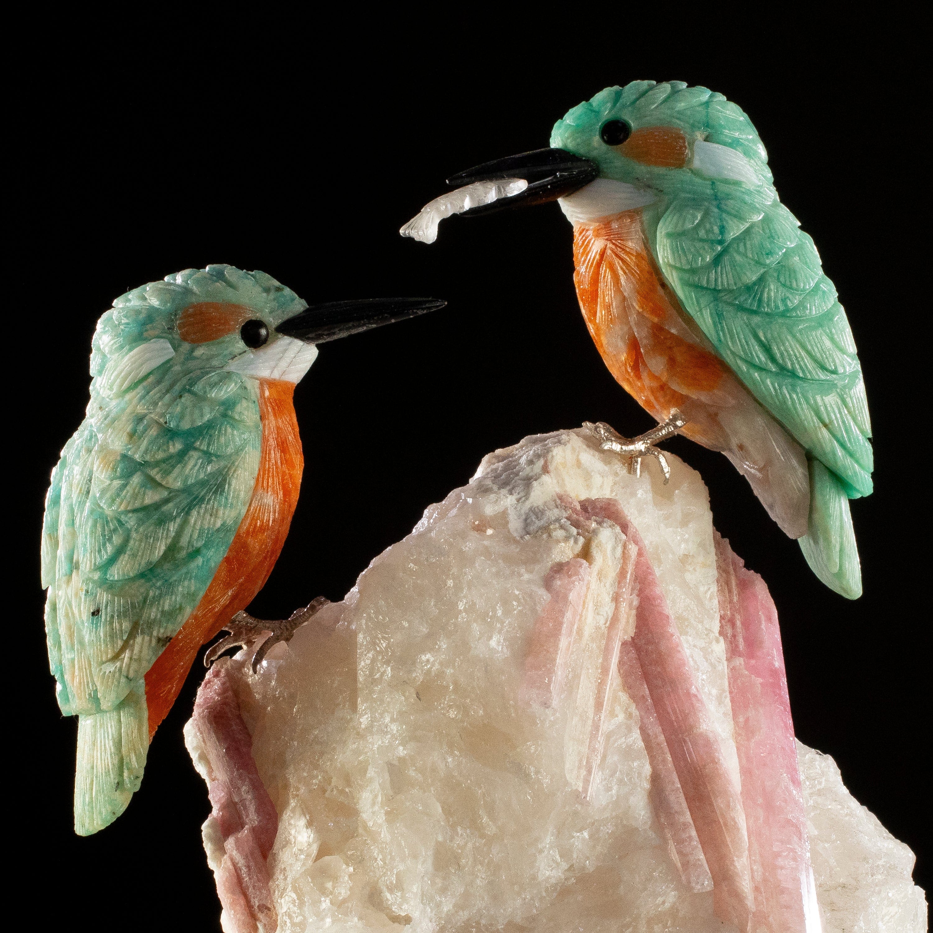 KALIFANO Love Birds Carvings Peter Muller Amazonite Kingfisher Couple Carving on Rubellite Base LB.A230.003