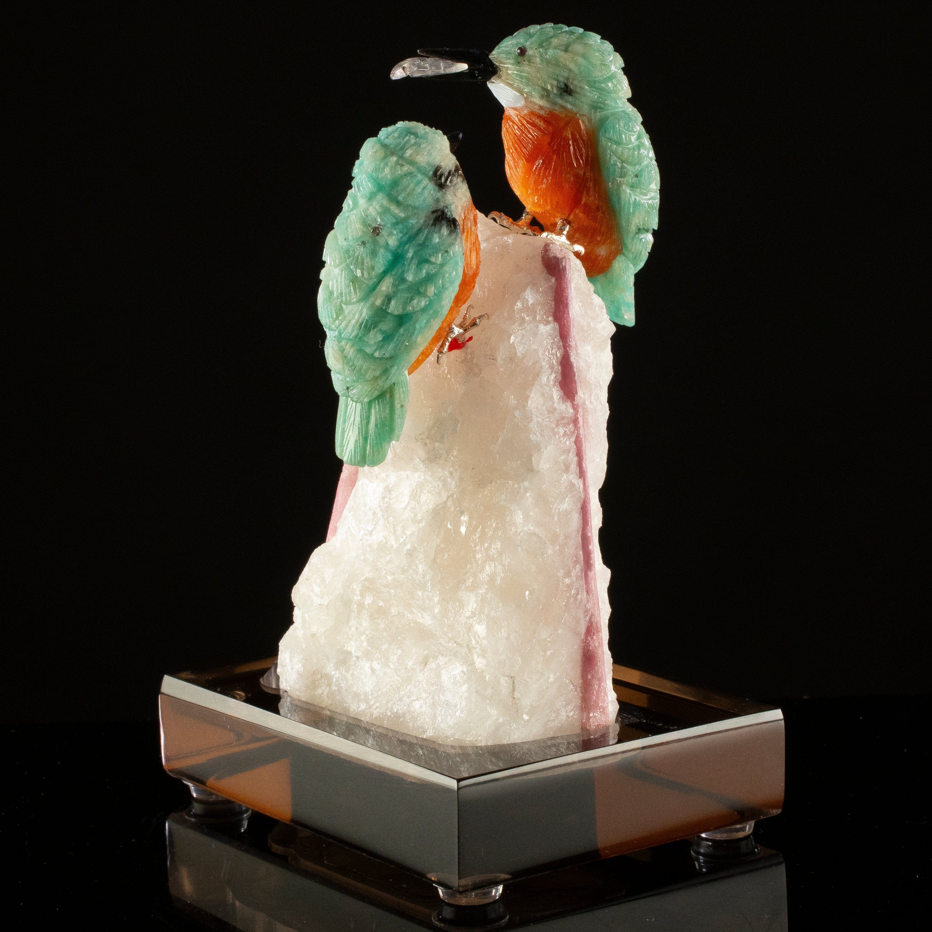 KALIFANO Love Birds Carvings Peter Muller Amazonite Kingfisher Couple Carving on Rubellite Base LB.C234.006