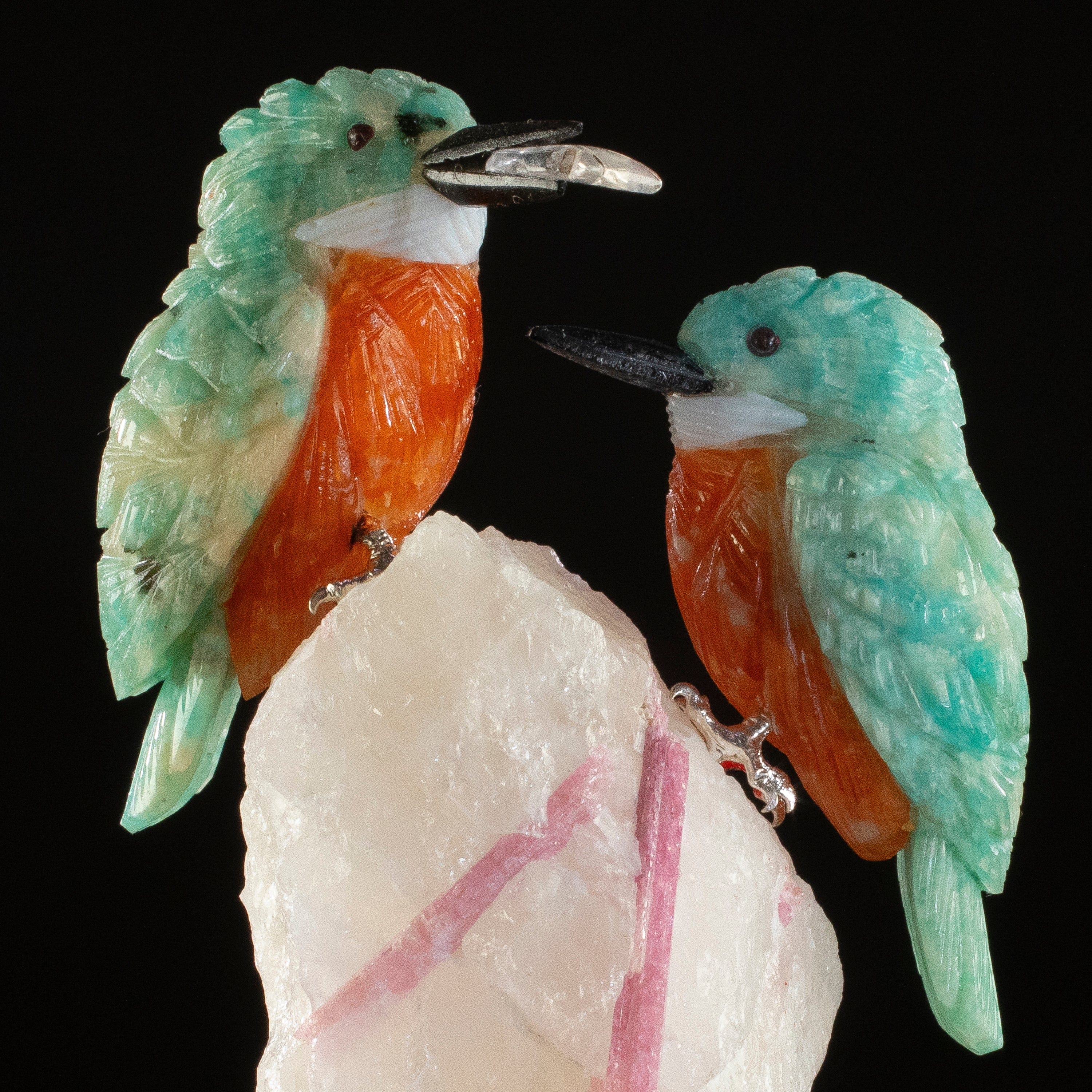 KALIFANO Love Birds Carvings Peter Muller Amazonite Kingfisher Couple Carving on Rubellite Base LB.C234.006