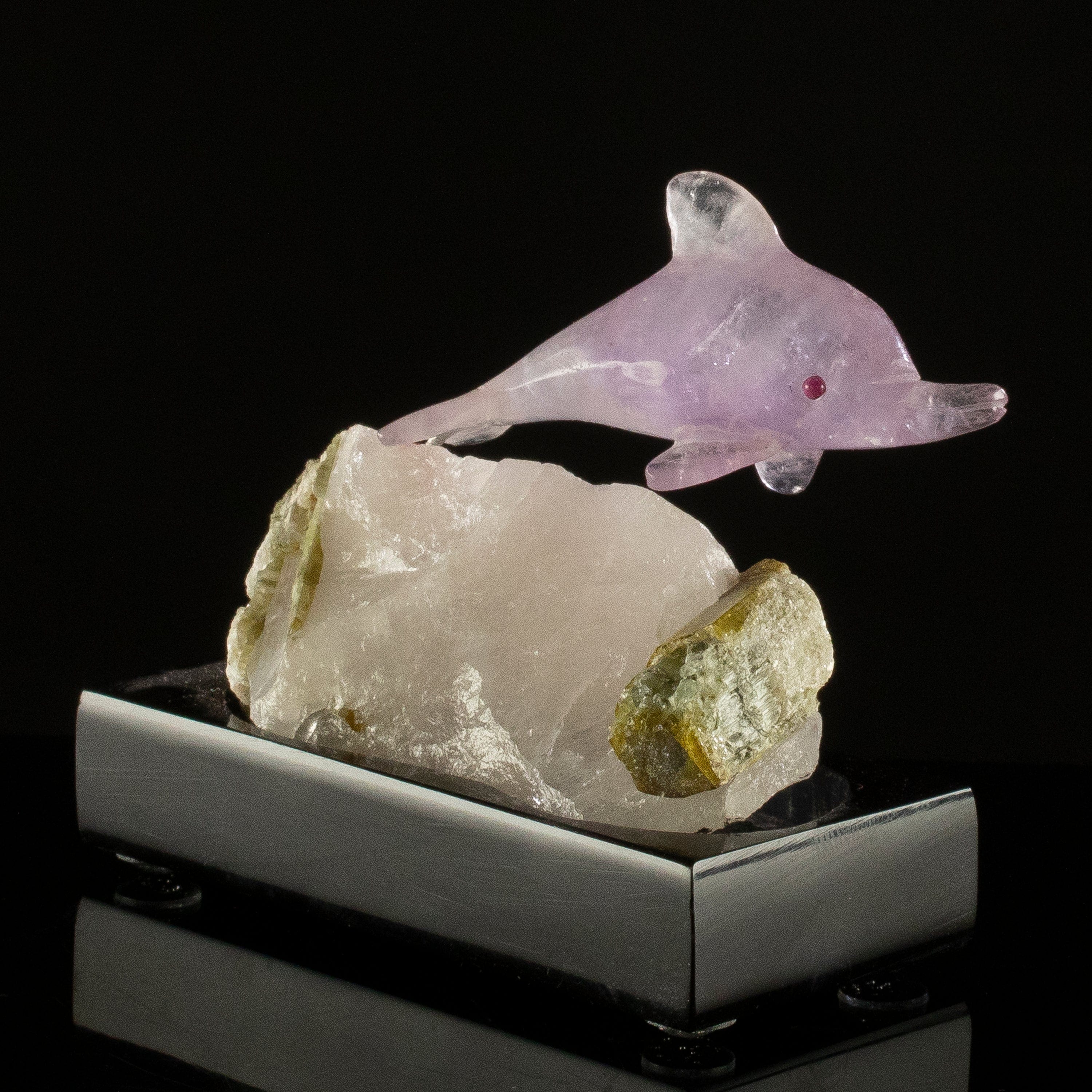 KALIFANO Love Birds Carvings Peter Muller Amethyst Dolphin Carving on Tourmaline Base LB.E106.001