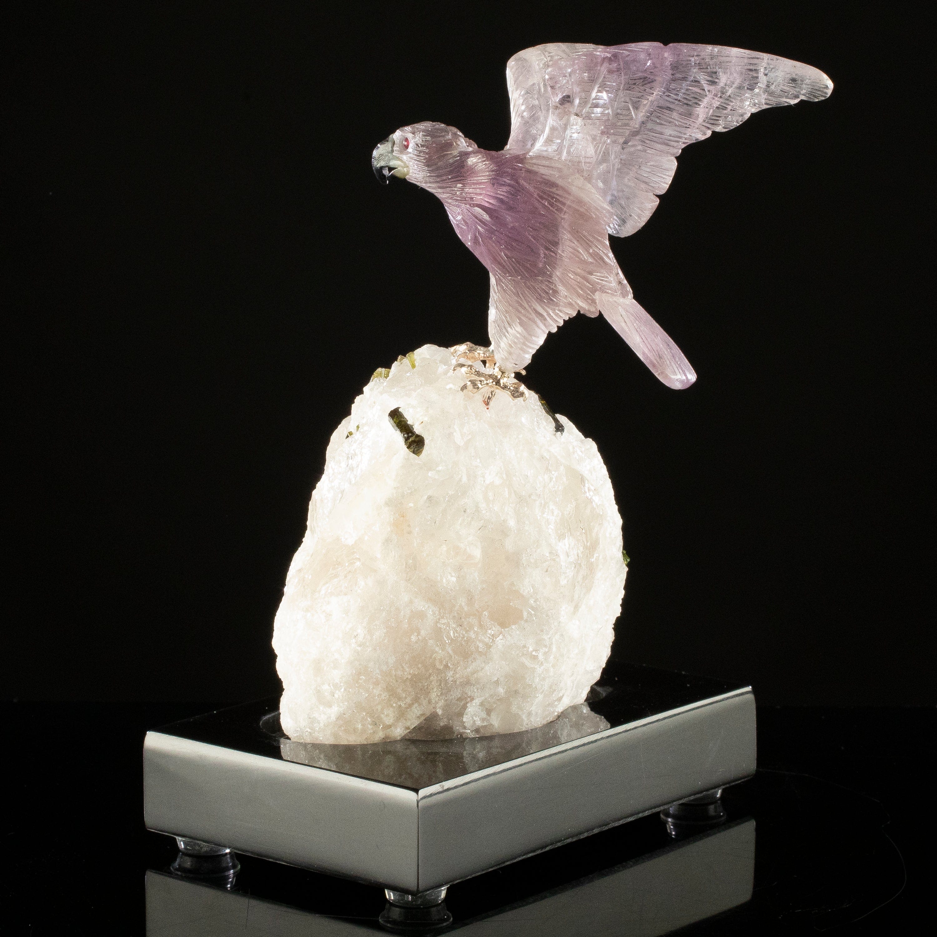 KALIFANO Love Birds Carvings Peter Muller Amethyst Falcon Carving on Tourmaline Base LB.C143.012