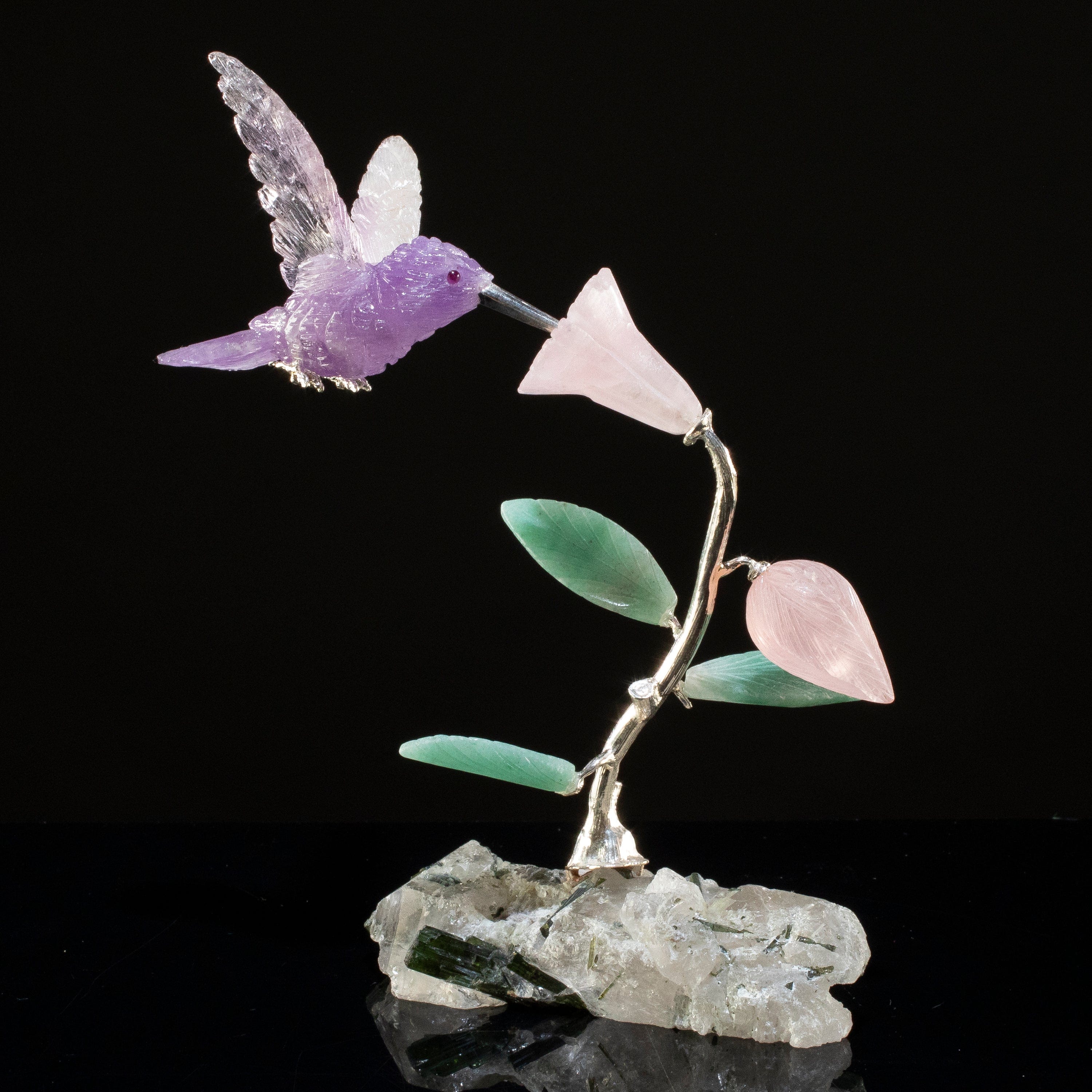 KALIFANO Love Birds Carvings Peter Muller Amethyst Hummingbird Carving on Tourmaline & Rose Quartz Flower Base LB.C127.001