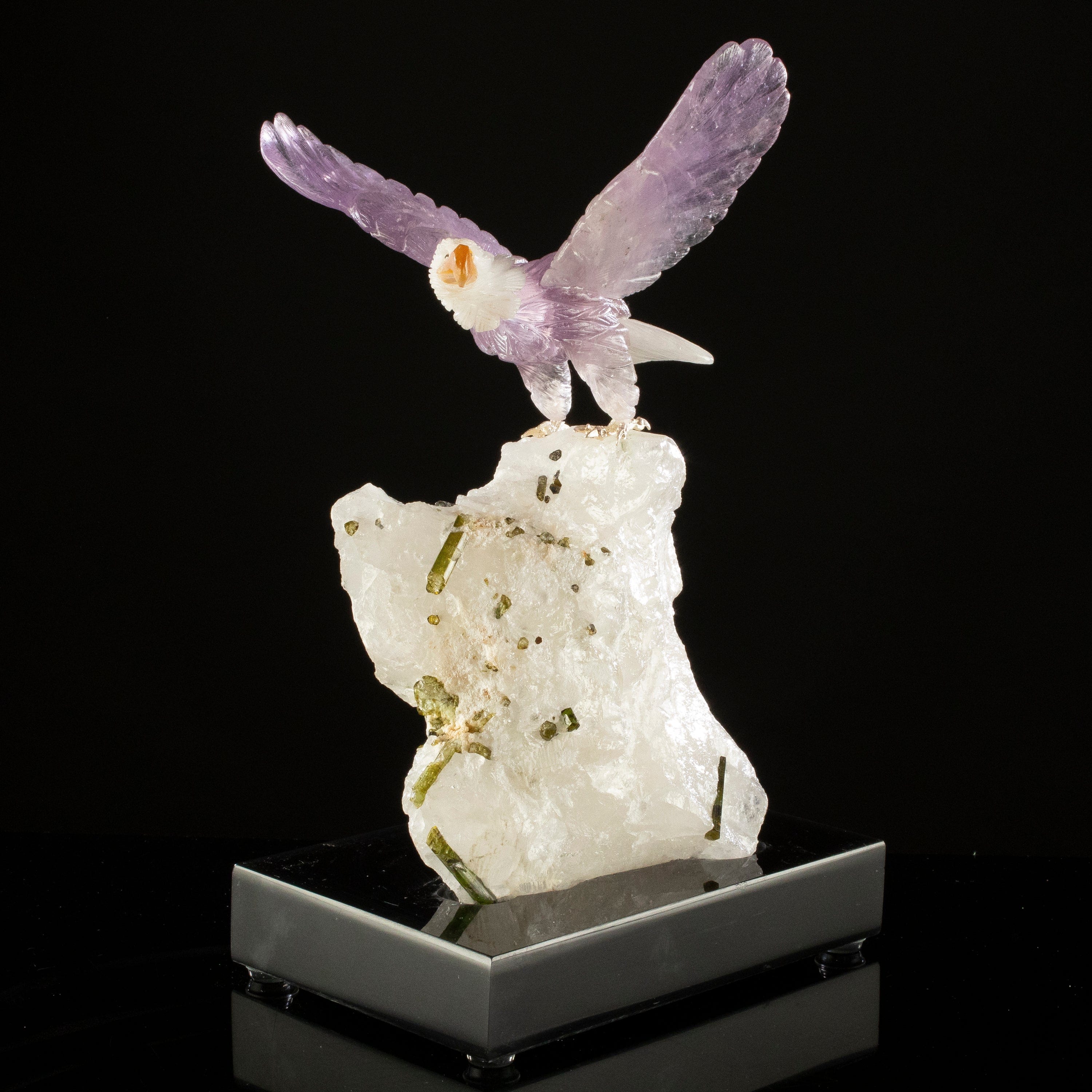 KALIFANO Love Birds Carvings Peter Muller Amethyst & Quartz Eagle Carving on Tourmaline Base LB.A135.004