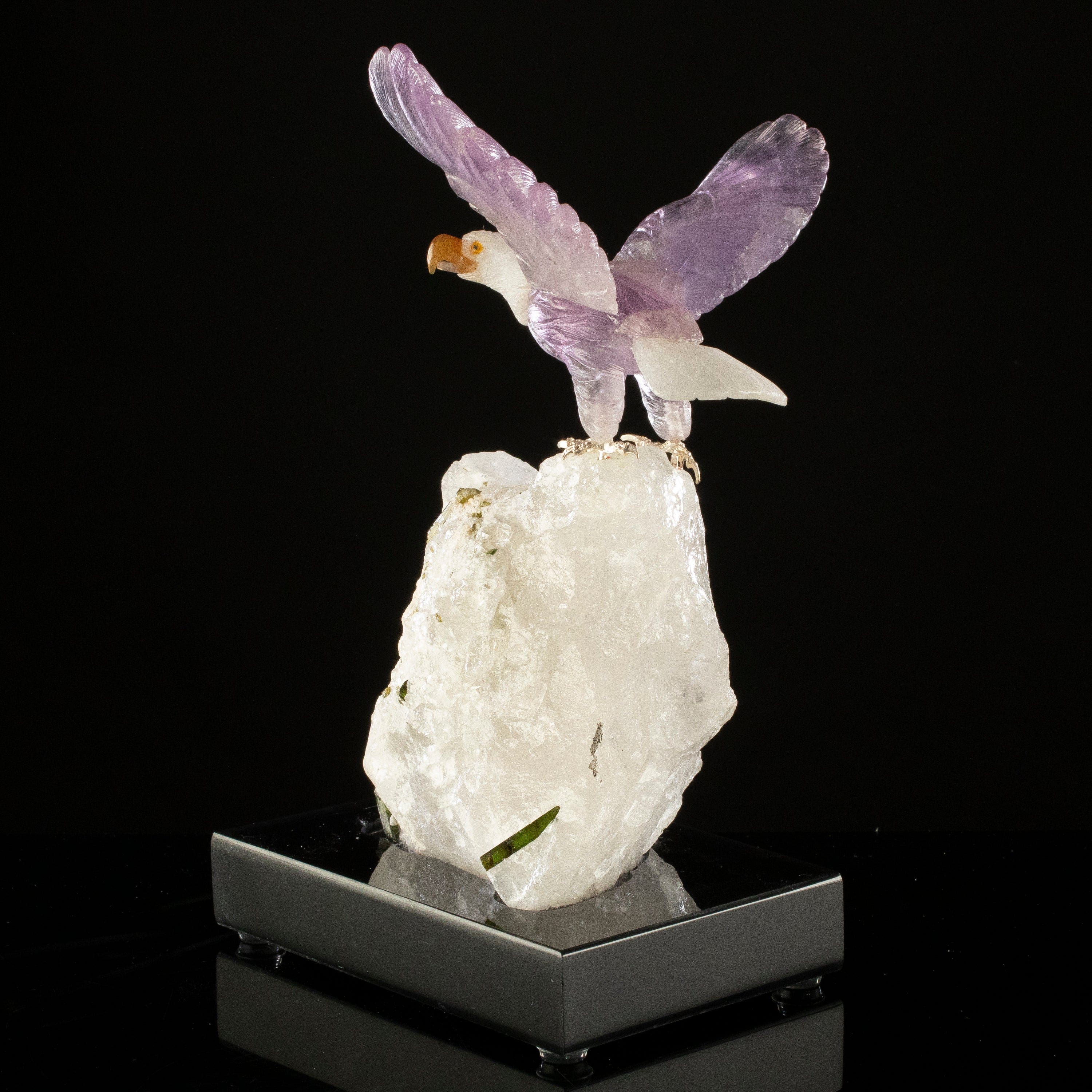 KALIFANO Love Birds Carvings Peter Muller Amethyst & Quartz Eagle Carving on Tourmaline Base LB.A135.004