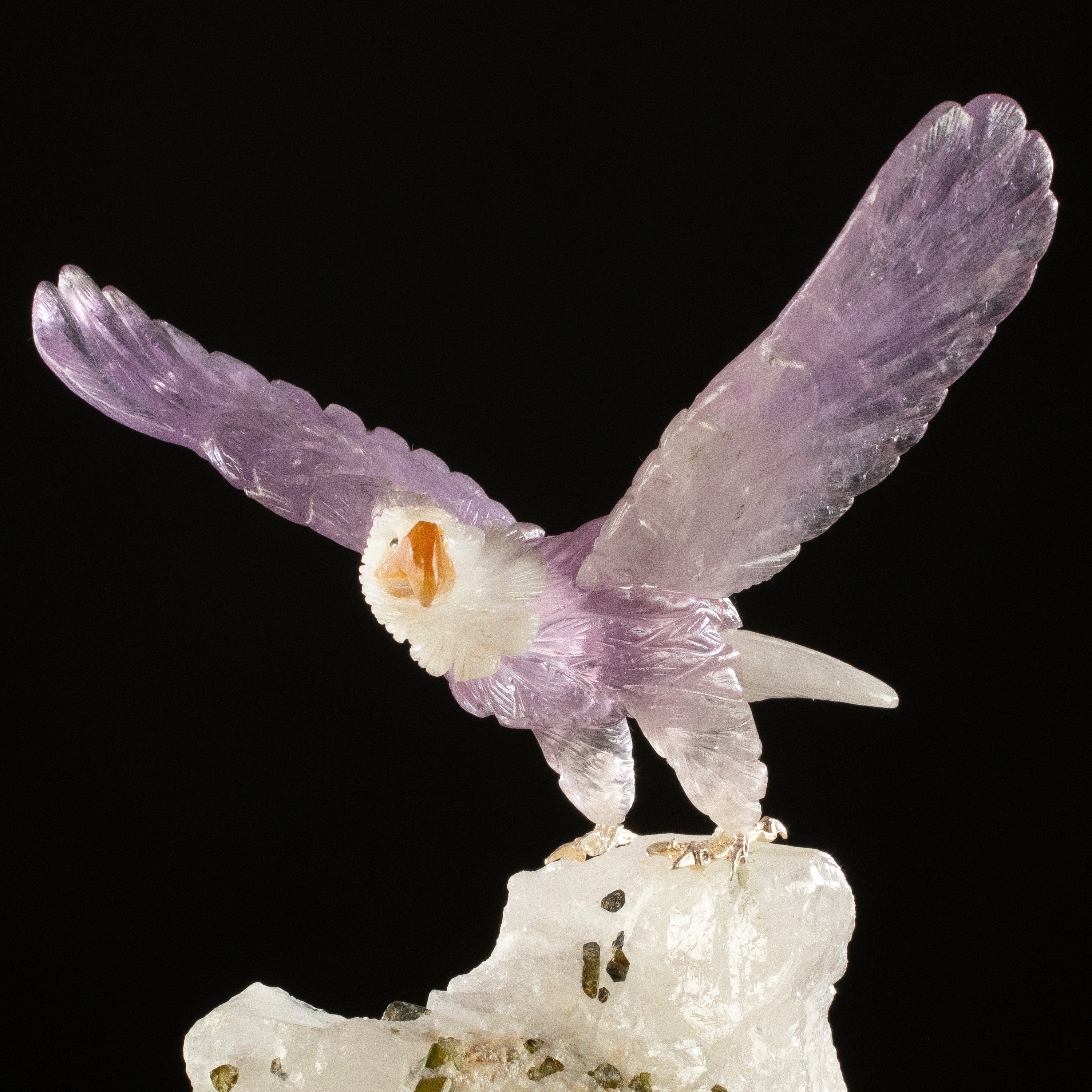 KALIFANO Love Birds Carvings Peter Muller Amethyst & Quartz Eagle Carving on Tourmaline Base LB.A135.004