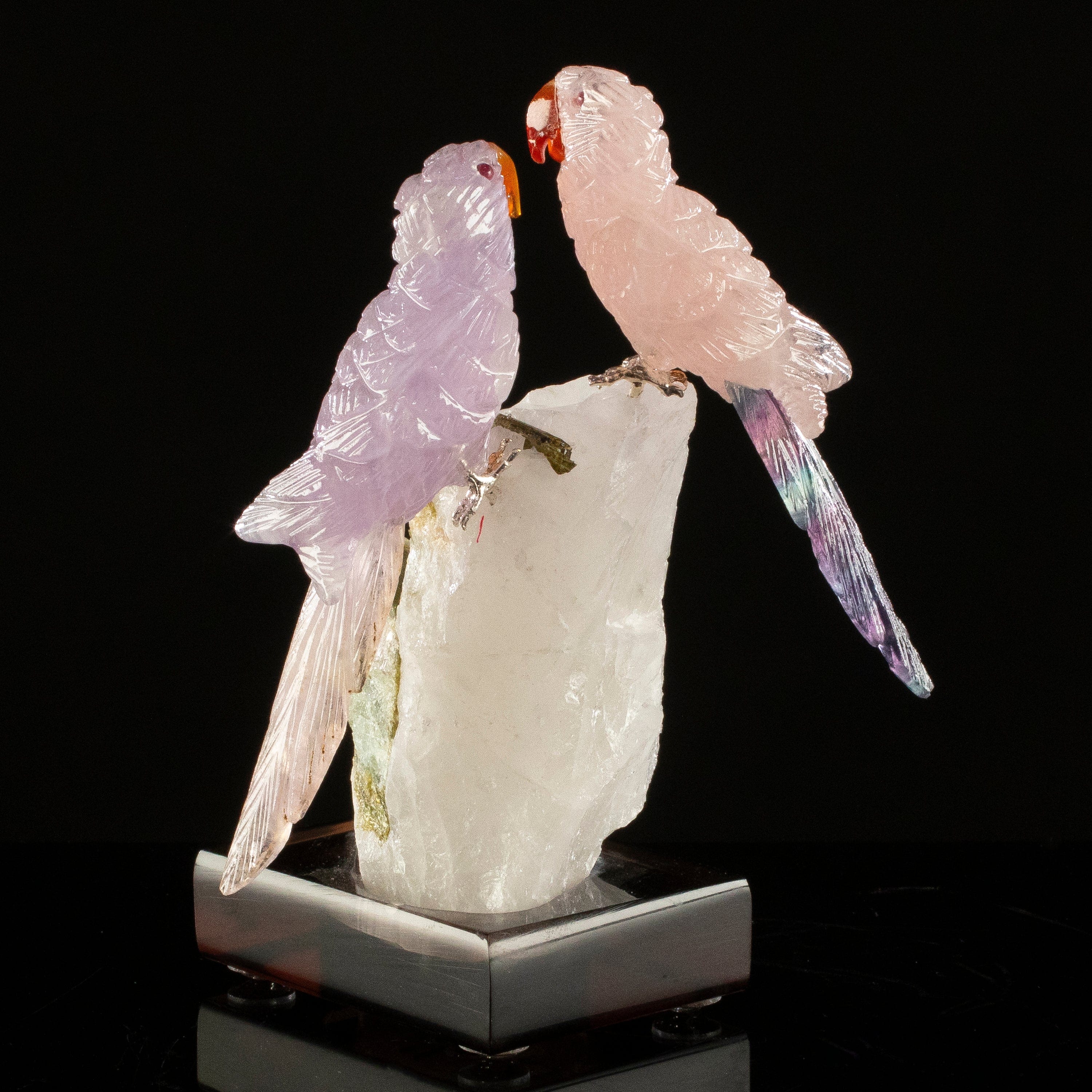 KALIFANO Love Birds Carvings Peter Muller Amethyst, Rose Quartz, & Fluorite Macaw Couple Carving on Tourmaline Base LB.C215.019