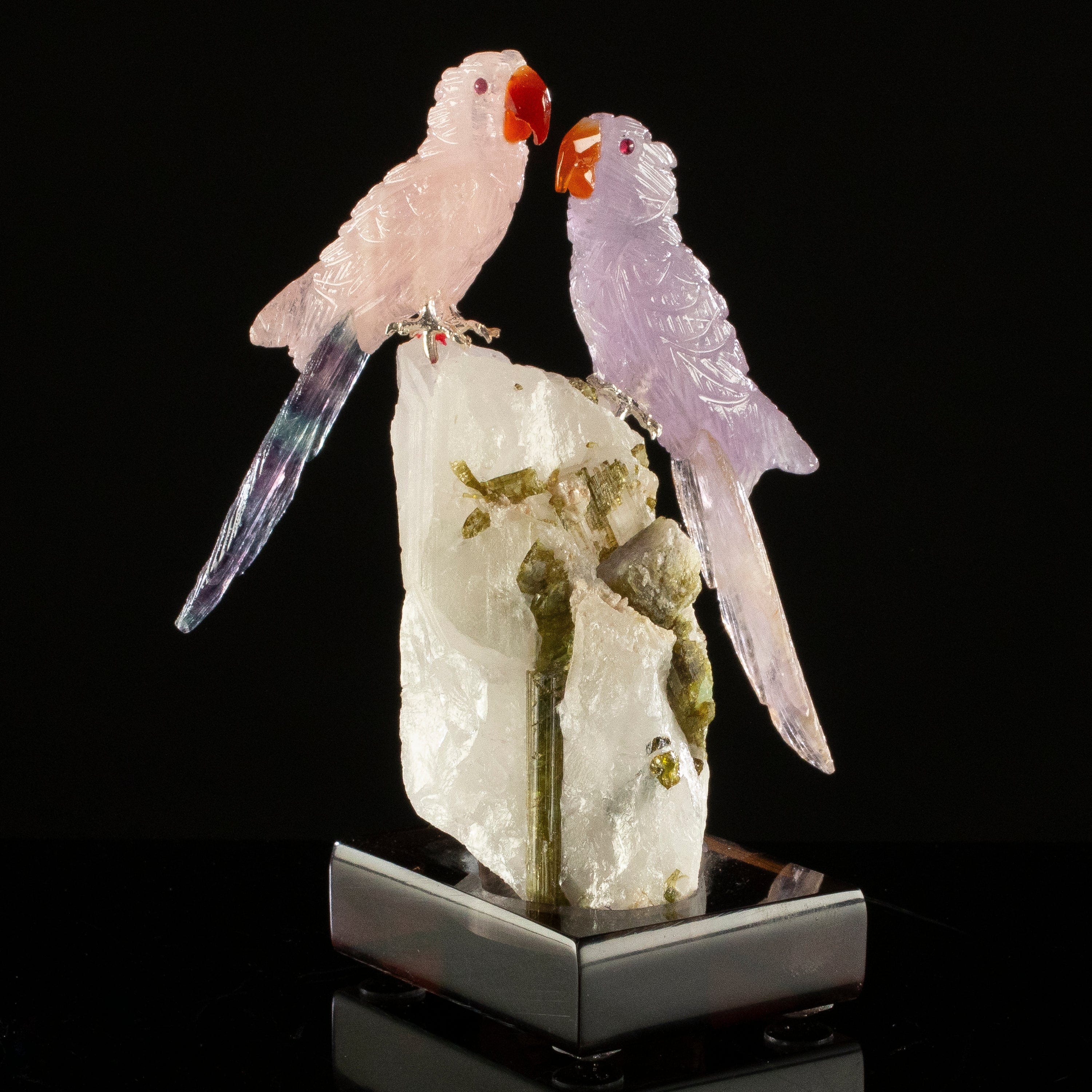 KALIFANO Love Birds Carvings Peter Muller Amethyst, Rose Quartz, & Fluorite Macaw Couple Carving on Tourmaline Base LB.C215.019