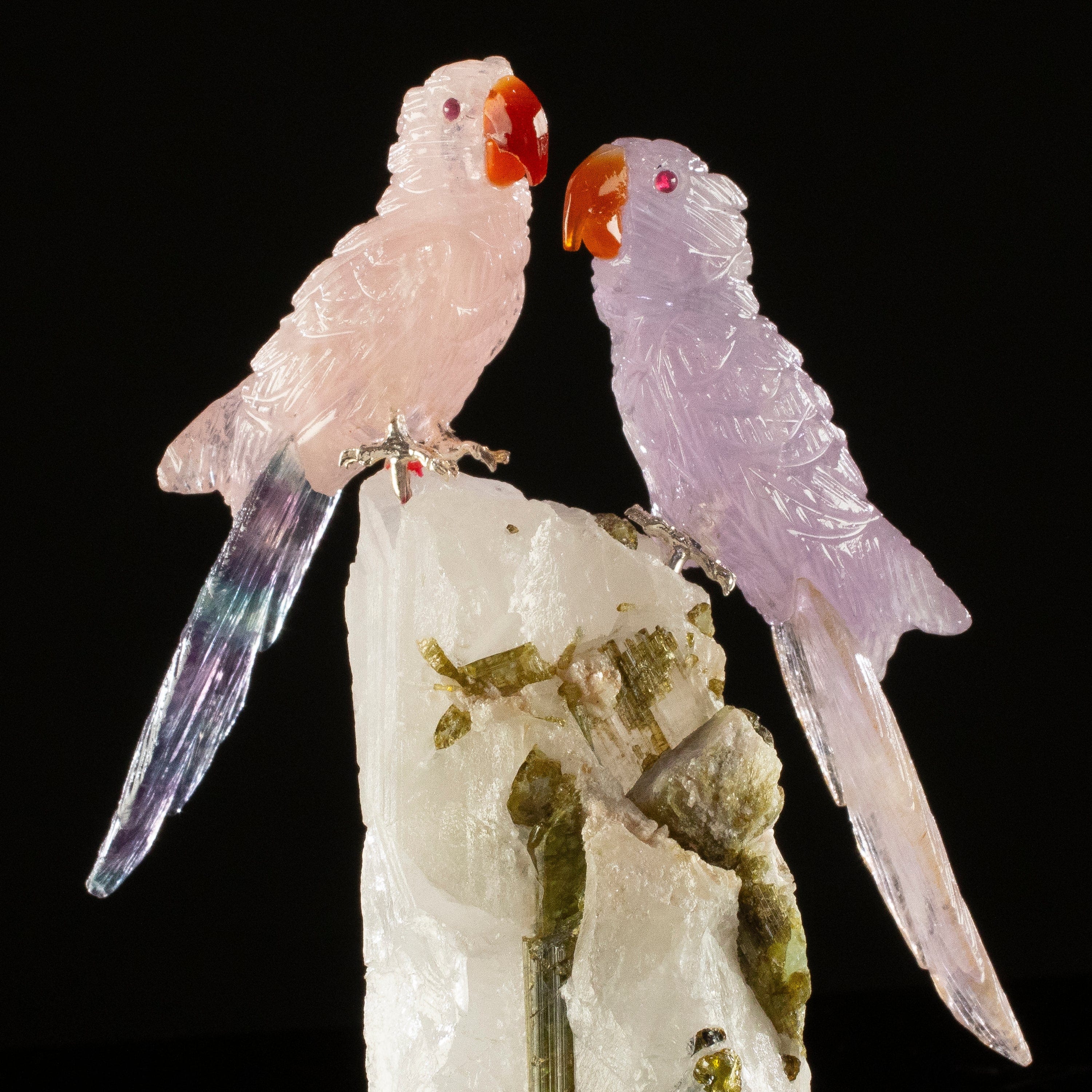 KALIFANO Love Birds Carvings Peter Muller Amethyst, Rose Quartz, & Fluorite Macaw Couple Carving on Tourmaline Base LB.C215.019