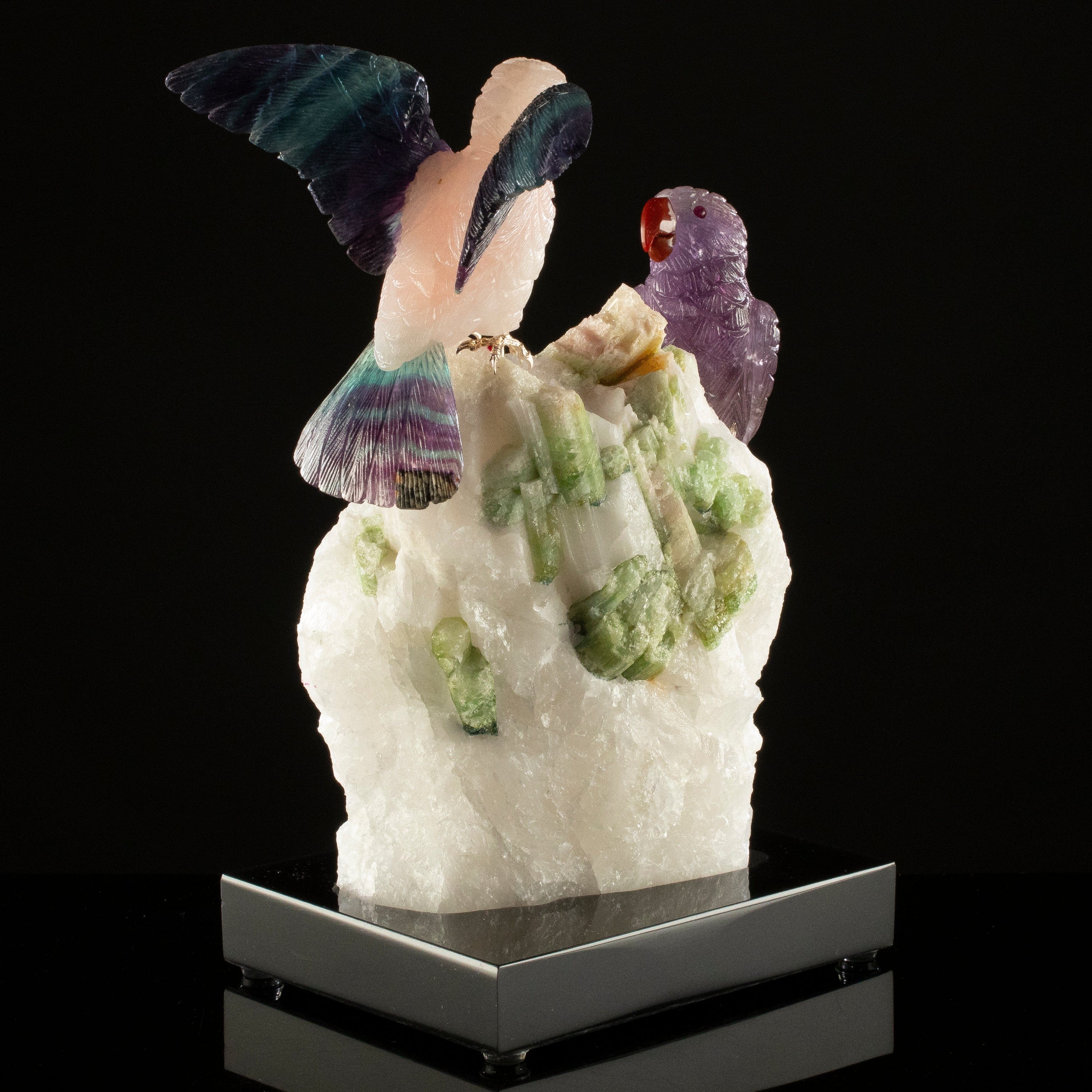 KALIFANO Love Birds Carvings Peter Muller Amethyst, Rose Quartz, & Fluorite Parrot Couple Carving on Watermelon Tourmaline Base LB.B229.001